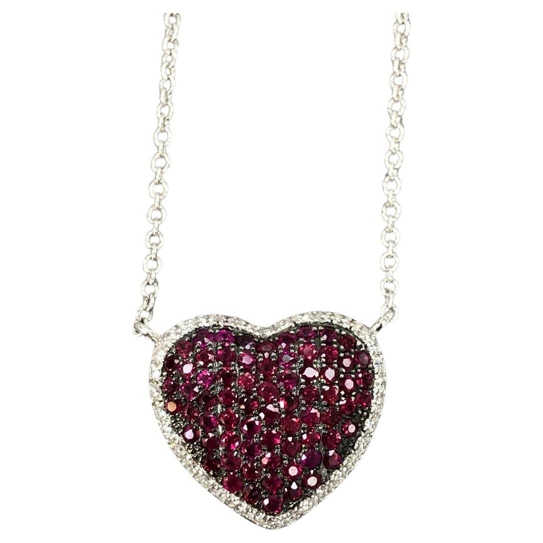 Modern Ruby Pave Heart Shape 18k White Gold Pendant Necklace For Sale