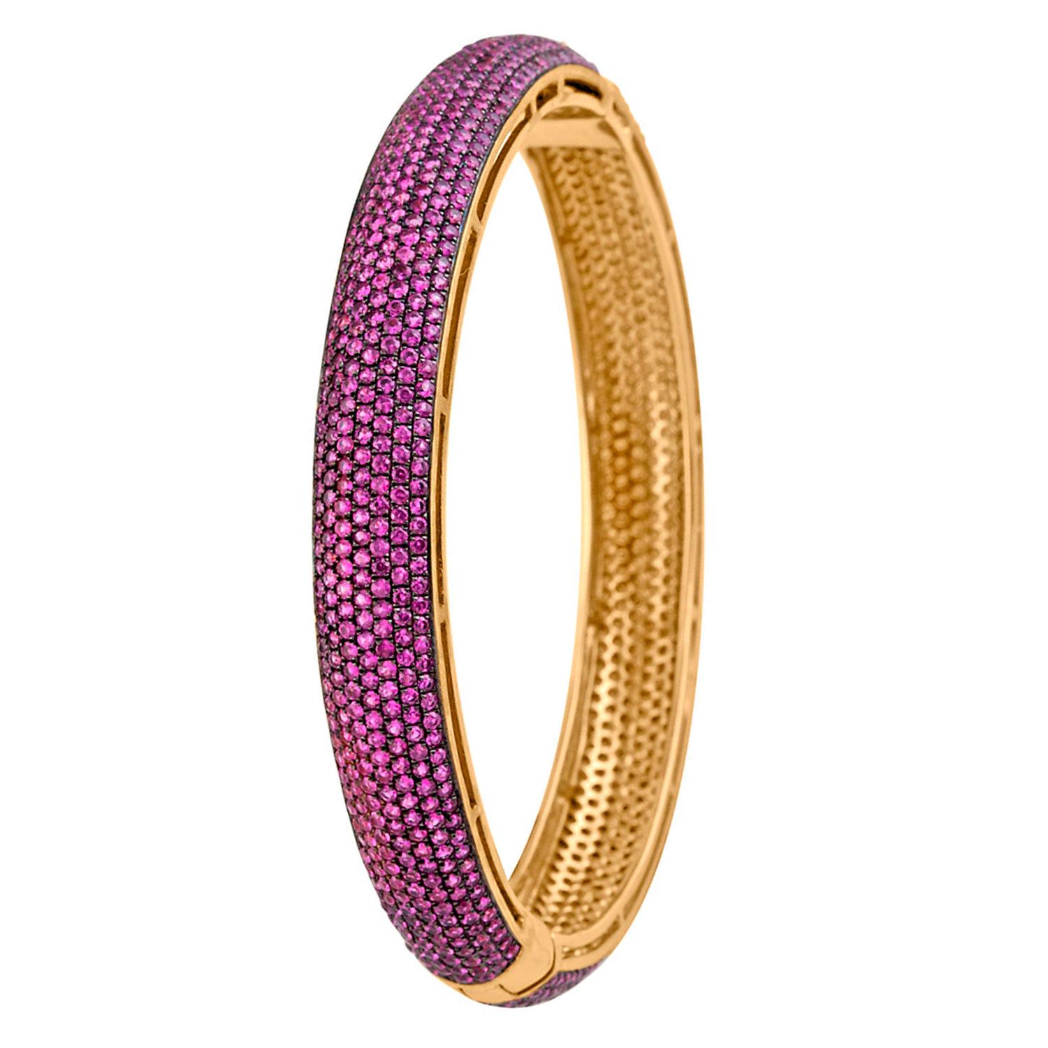 Contemporary Ruby Pave Set Bangle Bracelet With Clasp 10.7 Carats For Sale