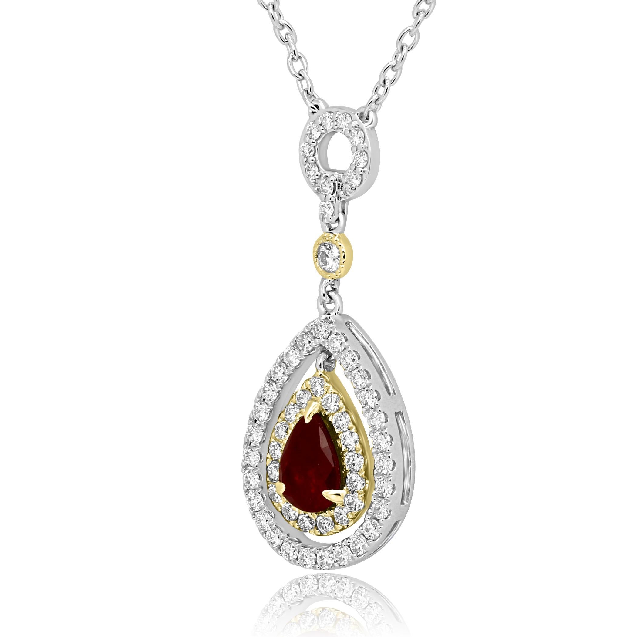 Ruby Pear 0.93 Carat Encircled in Double Halo of White Round Diamonds 0.81 Carat with Diamond By Yard Necklace in 14K White and Yellow Gold Stunning Pendant Necklace.

Center Ruby Pear Weight 0.93 Carat
Total Weight 1.74 Carat.