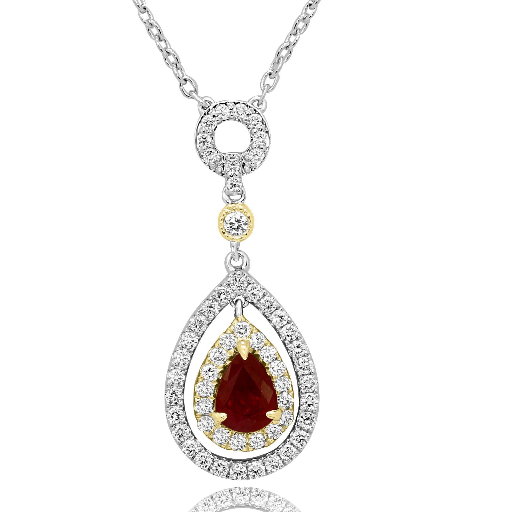 Pear Cut Ruby Pear Diamond Round Double Halo Two-Color Gold Diamond by Yard Necklace