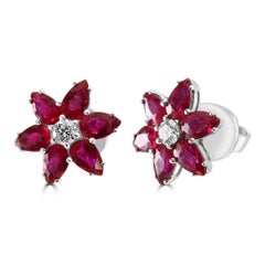 Ruby Pear Diamond Round "Flower" Shape 18 Karat Gold Fashion Stud Earrings