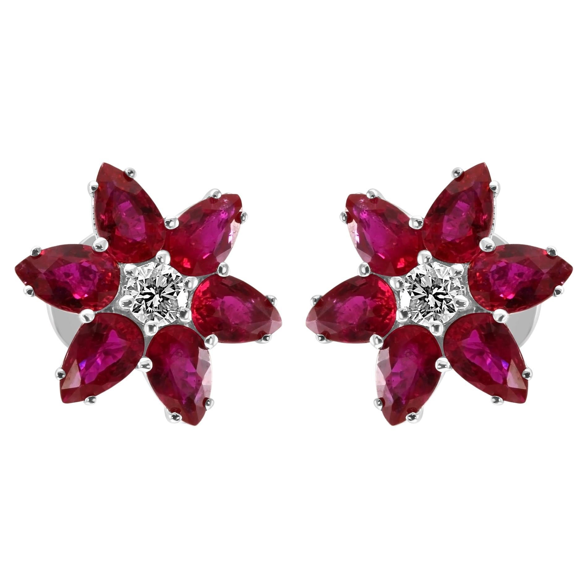 Ruby Pear Diamond Round "Flower" Shape 18K White Gold Fashion Stud Earrings      For Sale
