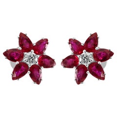 Ruby Pear Diamond Round "Flower" Shape 18K White Gold Fashion Stud Earrings     