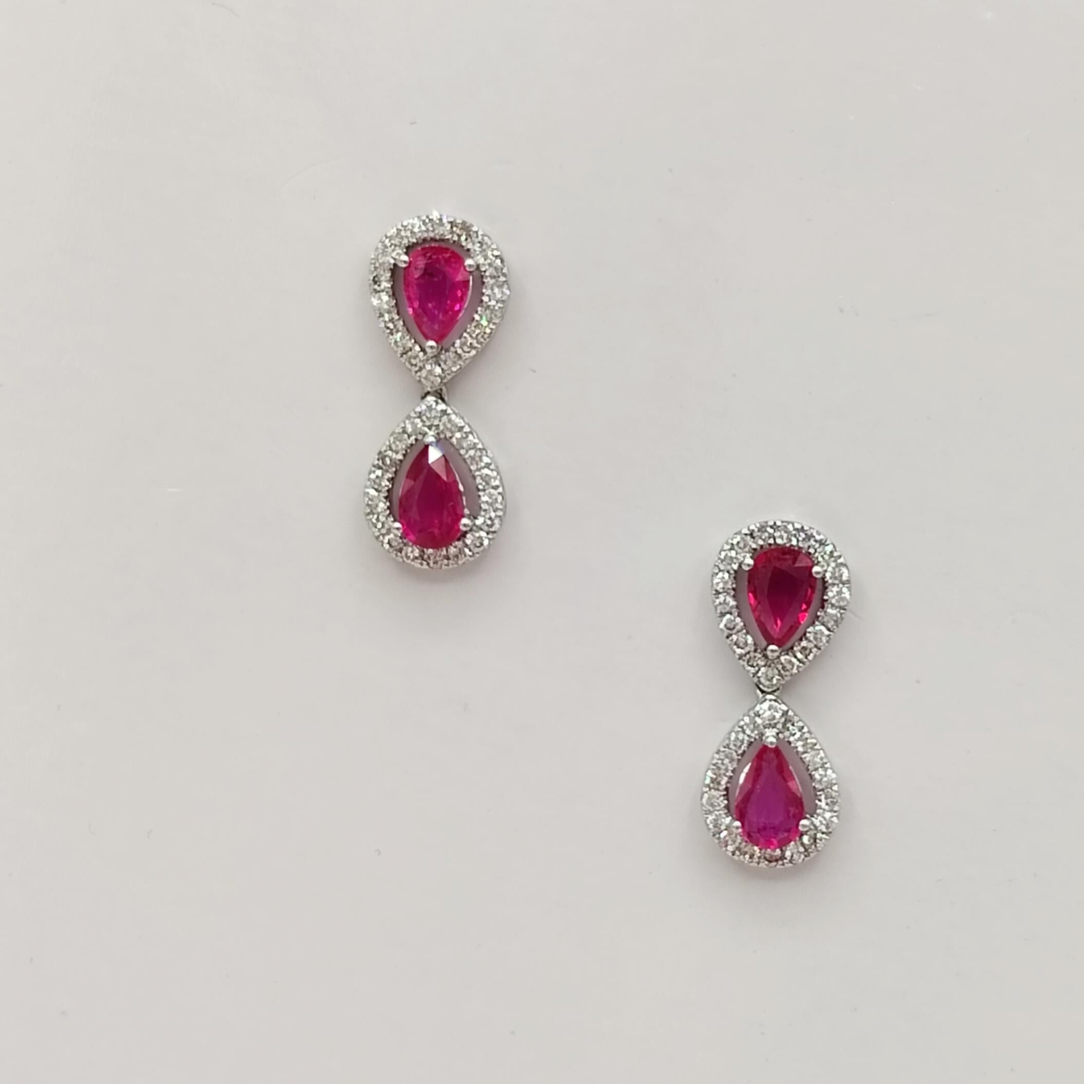 Pear Cut Ruby Pear Shape and White Diamond Drop Earrings in 18K White Gold For Sale