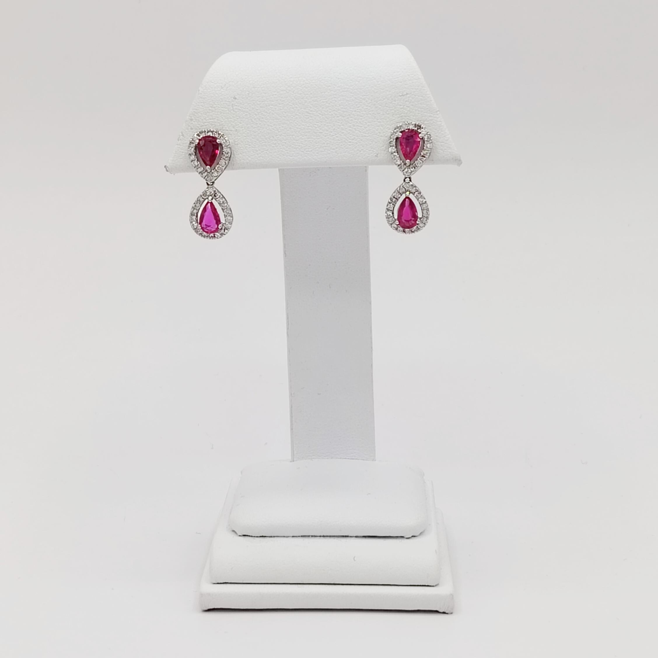 Ruby Pear Shape and White Diamond Drop Earrings in 18K White Gold In New Condition For Sale In Los Angeles, CA