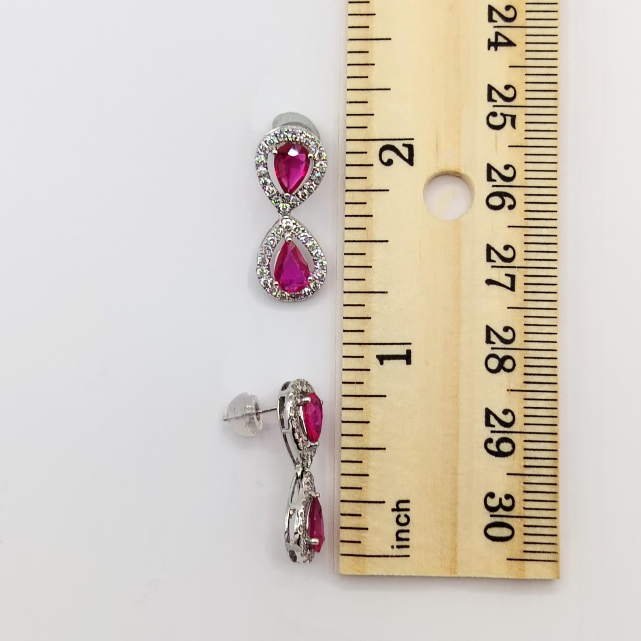 Women's or Men's Ruby Pear Shape and White Diamond Drop Earrings in 18K White Gold For Sale