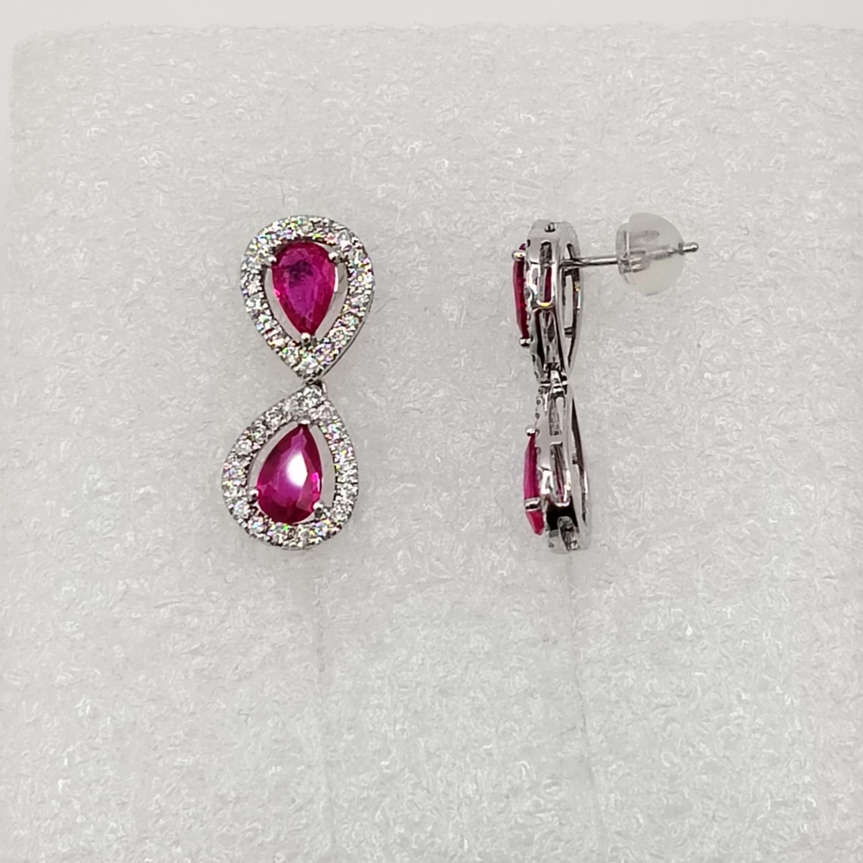 Ruby Pear Shape and White Diamond Drop Earrings in 18K White Gold For Sale 1