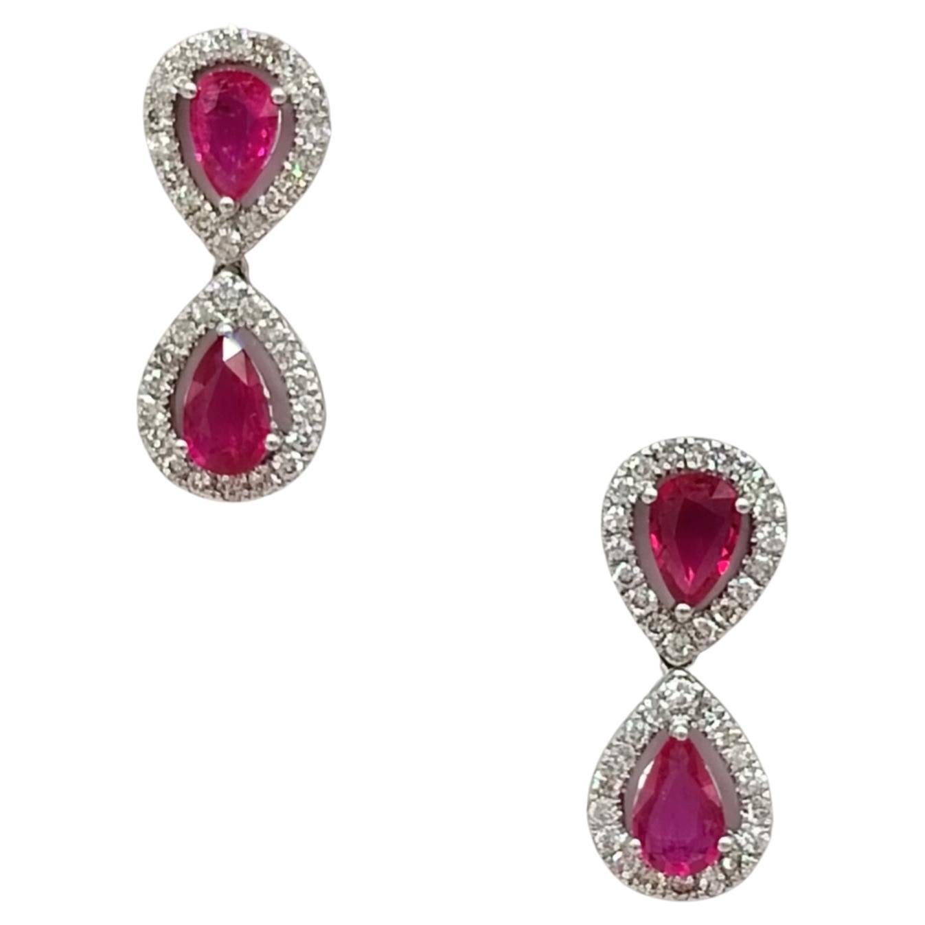 Ruby Pear Shape and White Diamond Drop Earrings in 18K White Gold For Sale