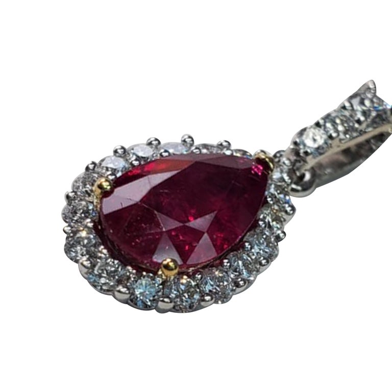 Pear Cut Ruby Pear-Shaped Pendant Necklace with Diamonds For Sale