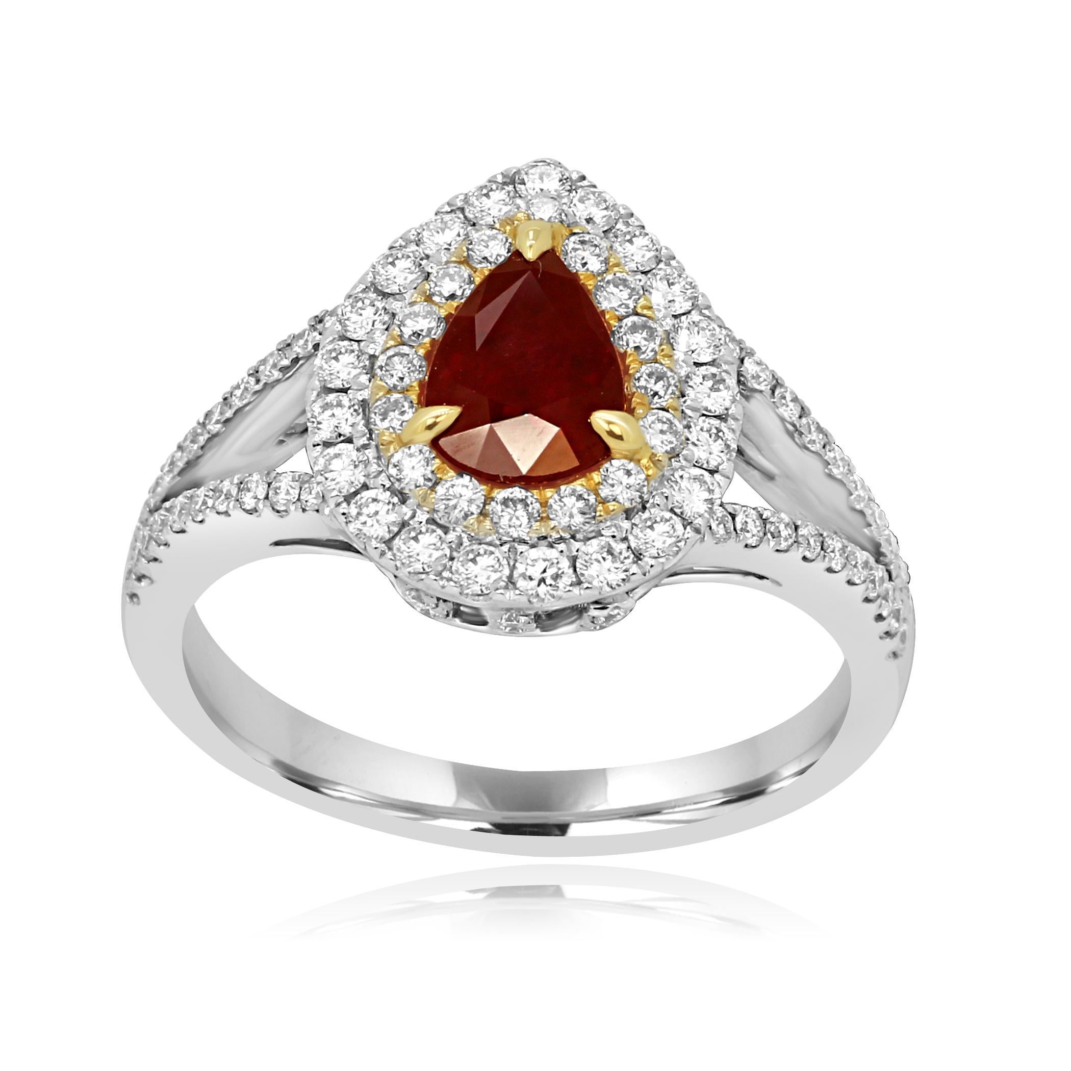 Stunning Ruby Pear 0.80 Carat  Encircled in Double Halo of White G-h Color VS-SI Diamond Round 0.65 Carat Set in Gorgeous 18K White and Yellow Gold Bridal Fashion Cocktail Ring. Total Weight 1.45 Carat.

Style available in different price ranges.