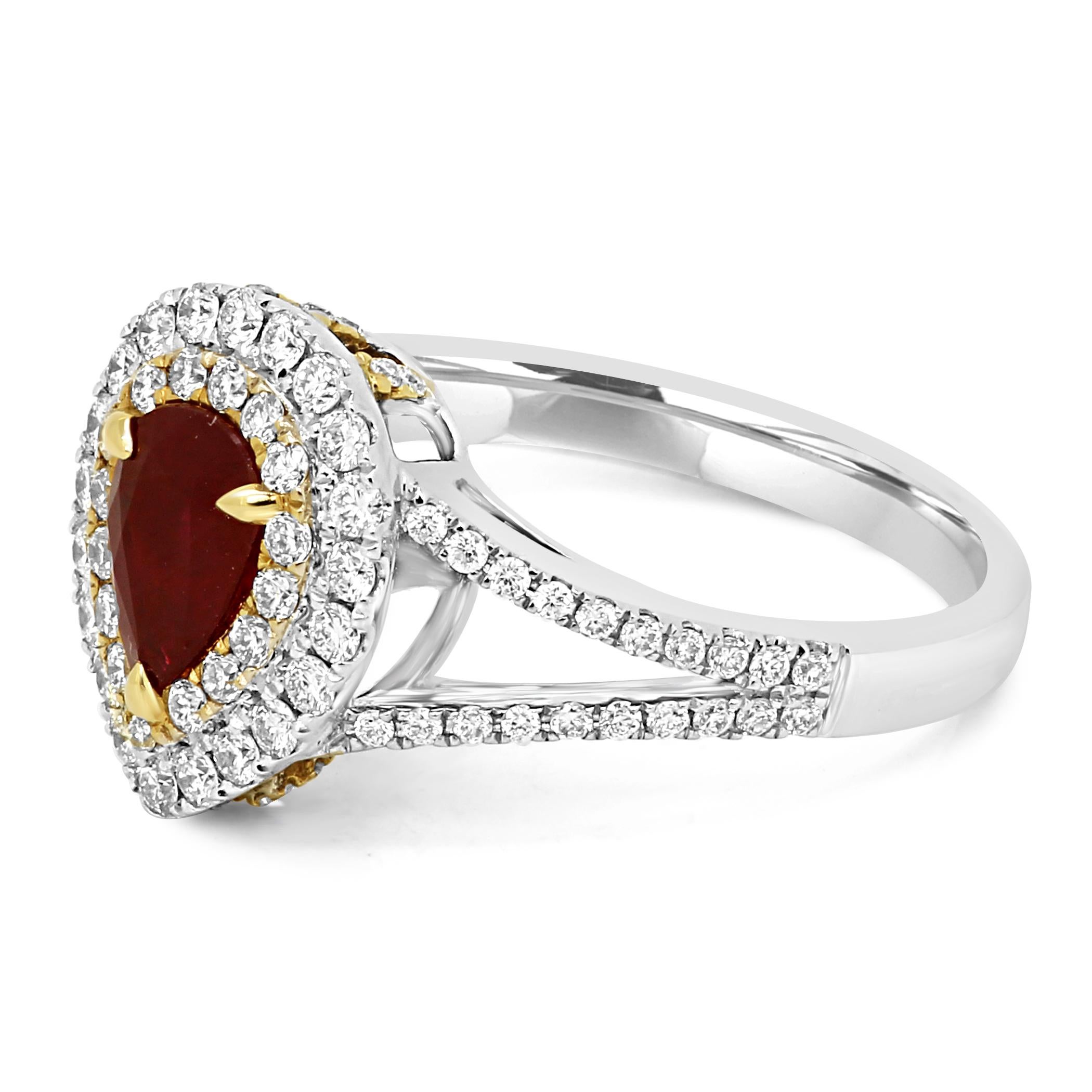 Modern Ruby Pear White Diamond Double Halo Two Color Gold Bridal Fashion Cocktail Ring