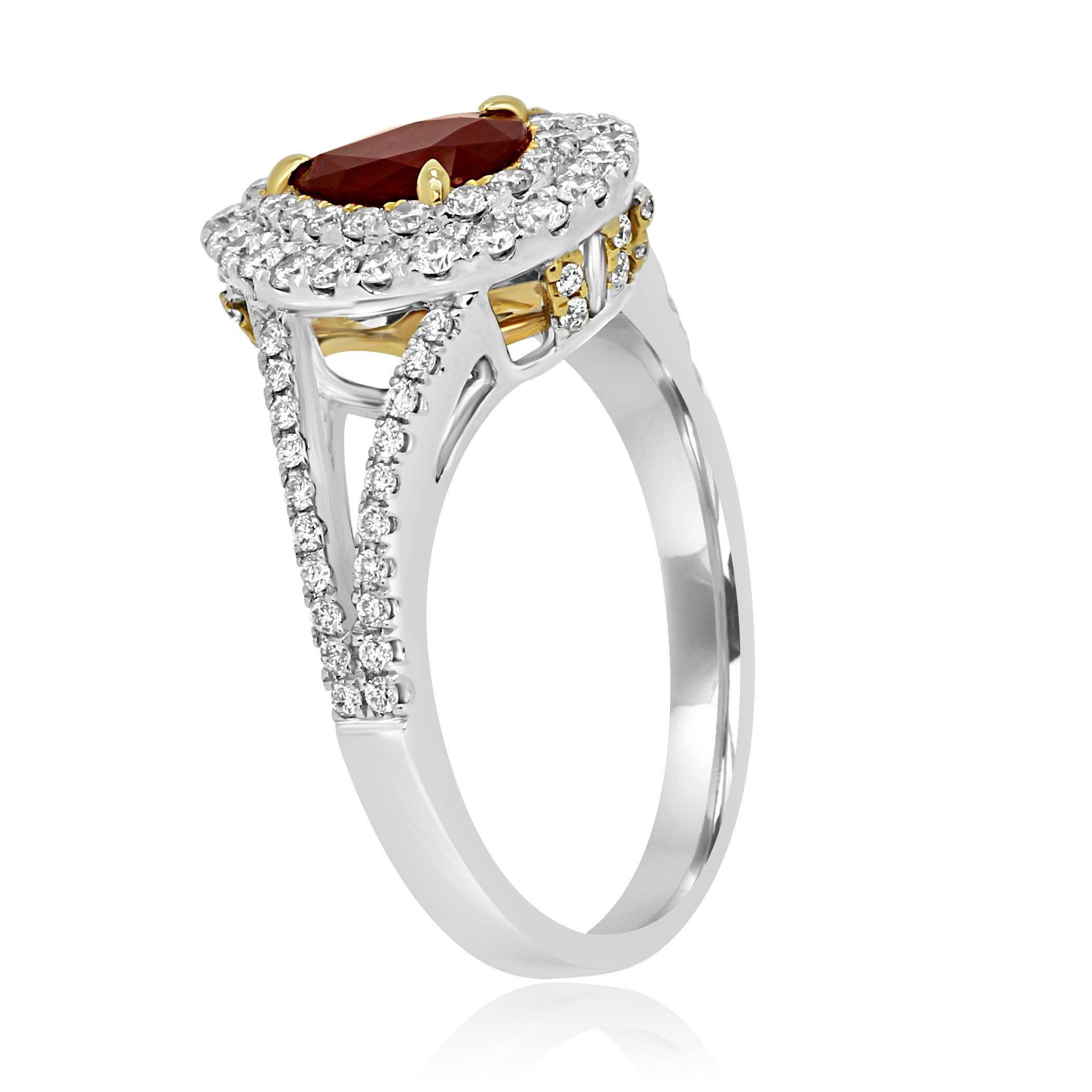Pear Cut Ruby Pear White Diamond Double Halo Two Color Gold Bridal Fashion Cocktail Ring