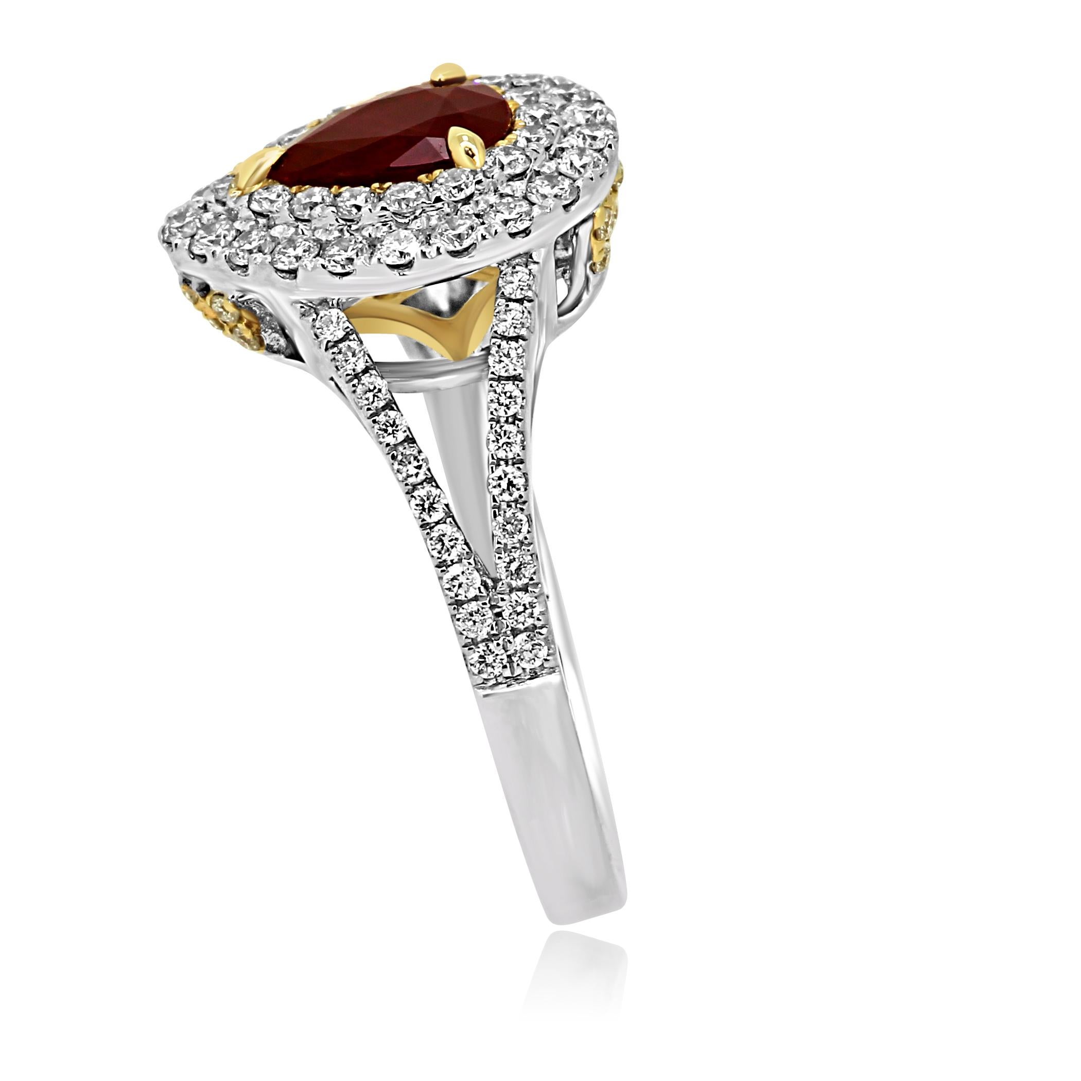 Ruby Pear White Diamond Double Halo Two Color Gold Bridal Fashion Cocktail Ring In New Condition In NEW YORK, NY