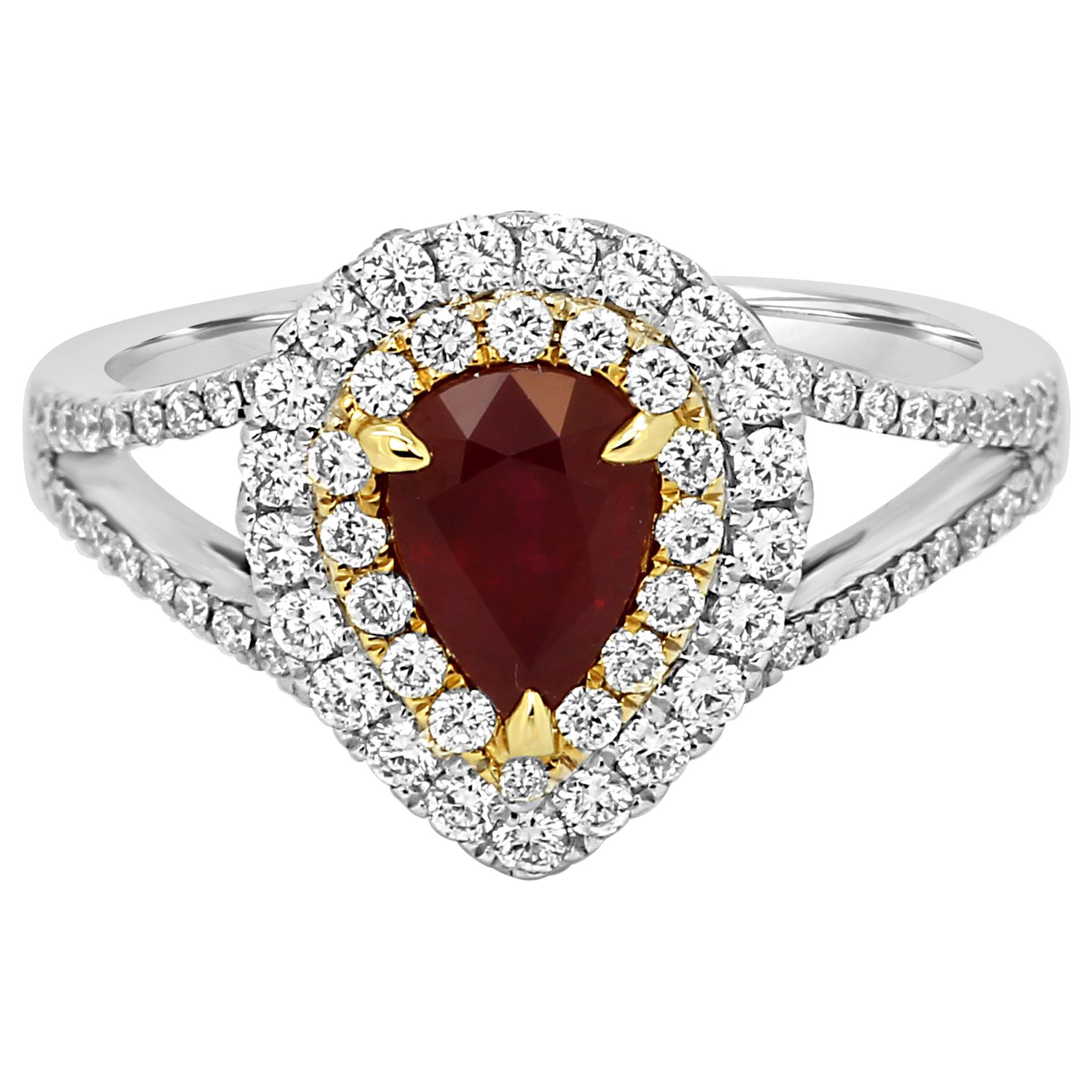 Ruby Pear White Diamond Double Halo Two Color Gold Bridal Fashion Cocktail Ring