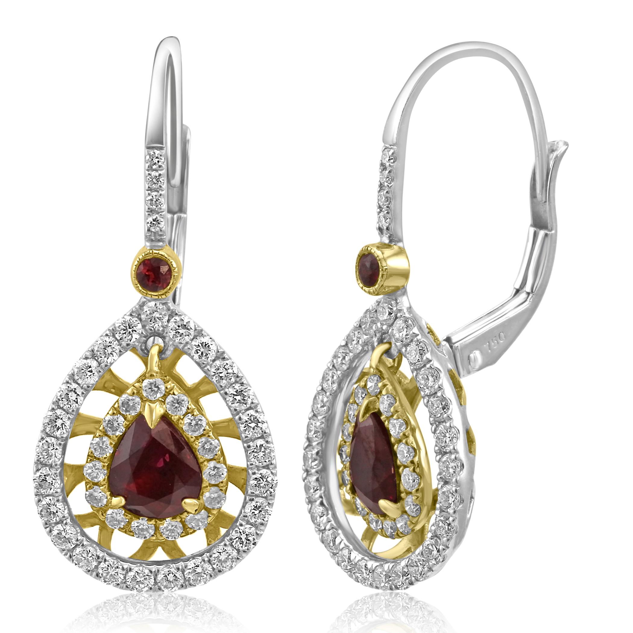 Gorgeous 2 Ruby Pear 1.40 Carat Encircled in a Double Halo White G-H Color VS-SI Clarity Round Diamonds 1.00 Carat With 2 Ruby Rounds 0.10 Carat in 18K White and Yellow Gold Dangle Drop Fashion Clip-On Earrings.

Total Ruby Weight 1.50 Carat
Total