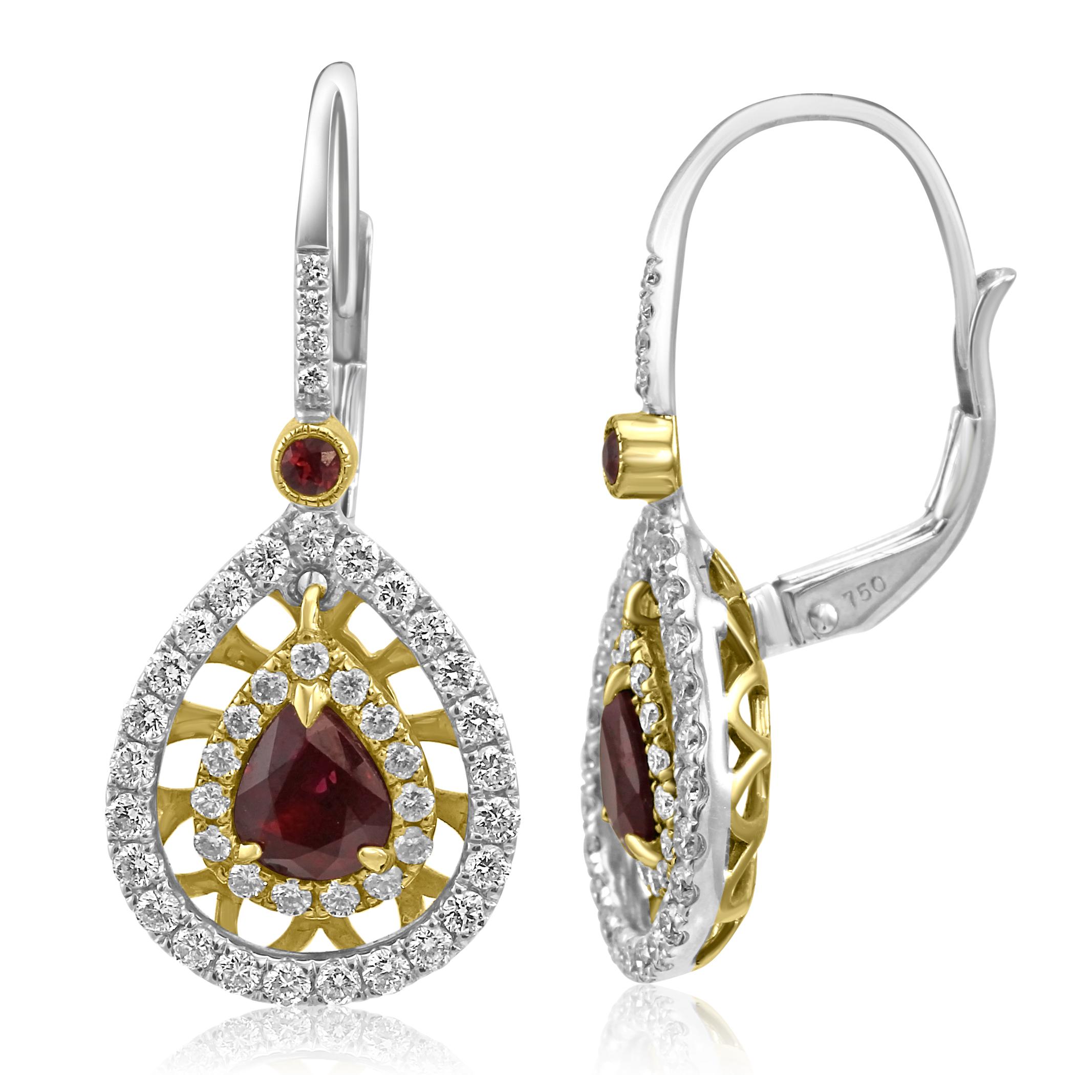 Modern Ruby Pear White Diamond Double Halo Two-Color Gold Drop Dangle Clip-On Earring