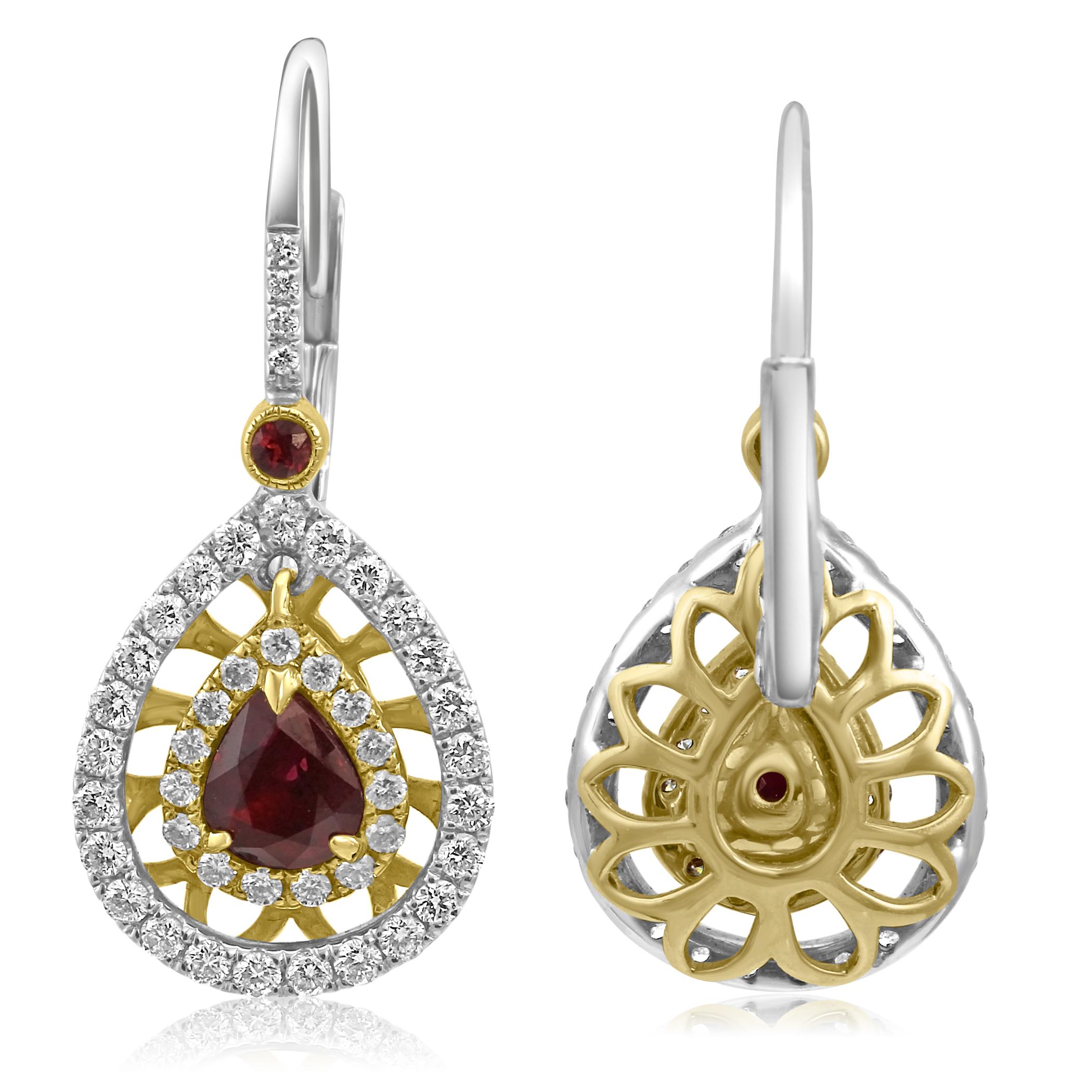 Pear Cut Ruby Pear White Diamond Double Halo Two-Color Gold Drop Dangle Clip-On Earring
