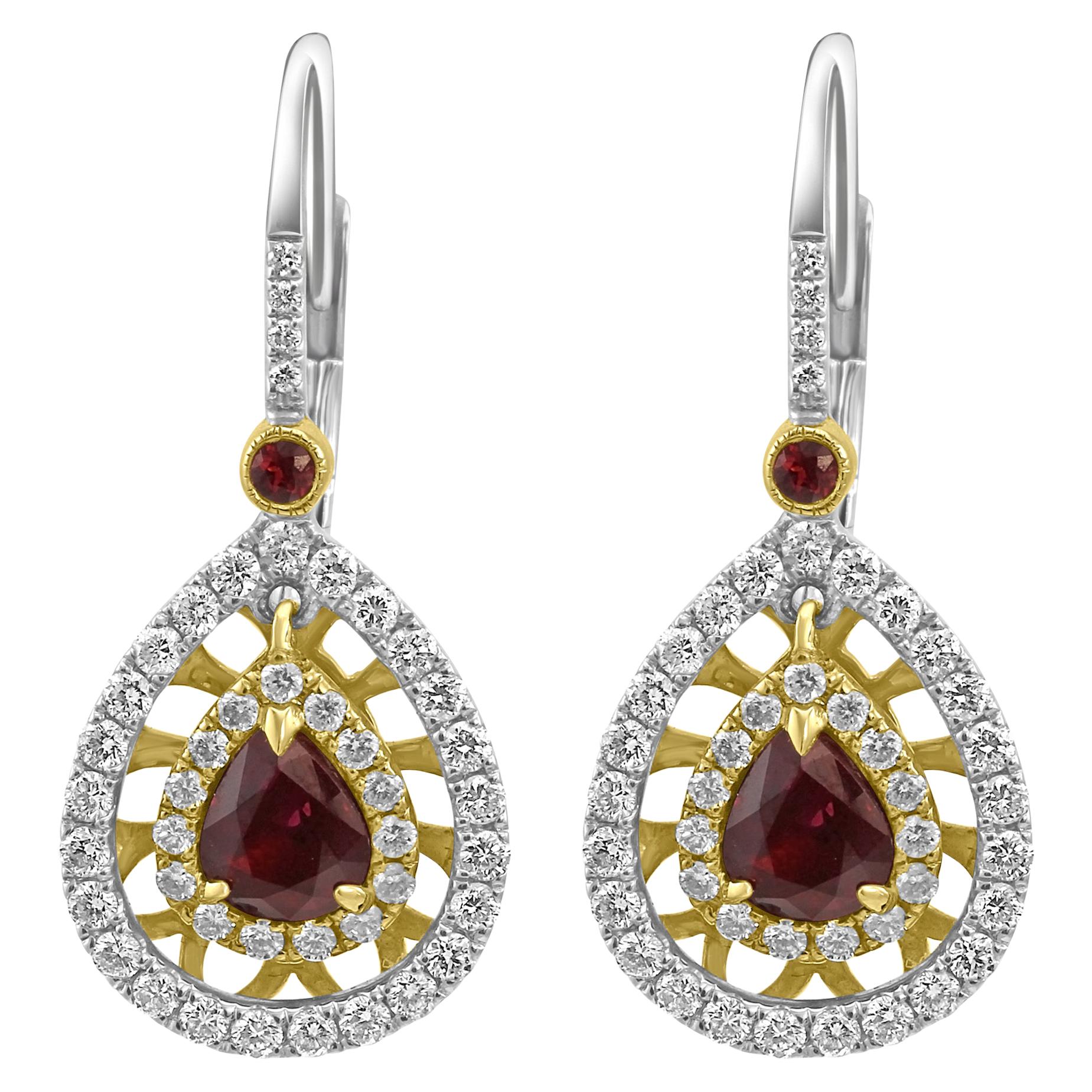 Ruby Pear White Diamond Double Halo Two-Color Gold Drop Dangle Clip-On Earring