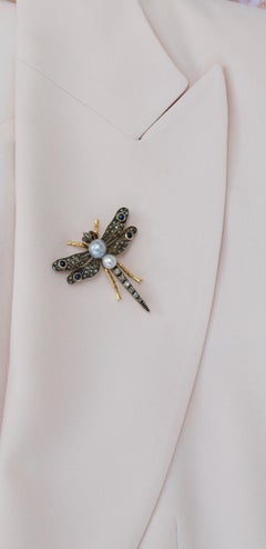 Ruby Pearl and Diamond Dragon Fly Brooch in Yellow Gold and Silver