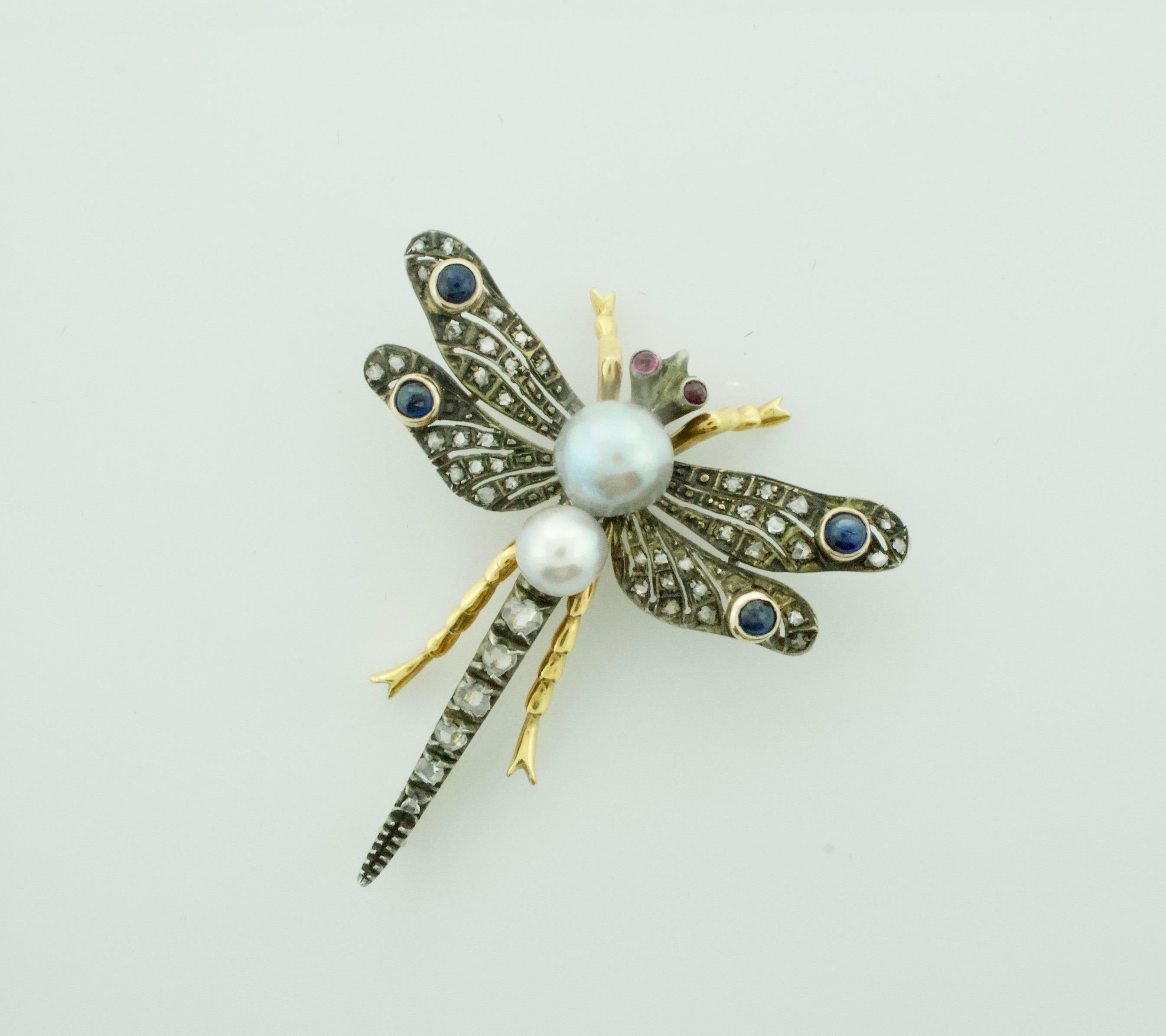 Rose Cut Ruby Pearl and Diamond Dragon Fly Brooch in Yellow Gold and Silver