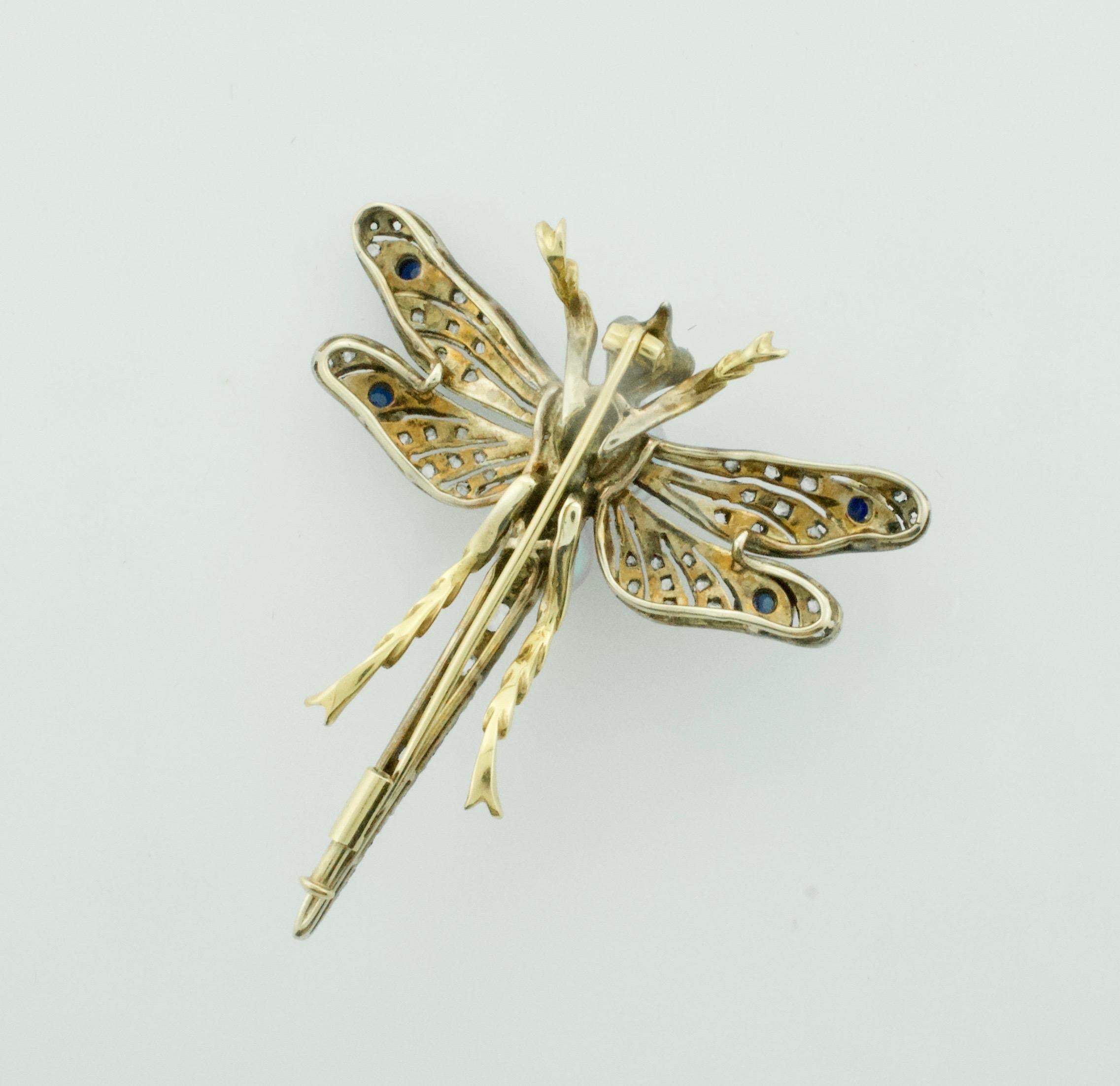 Ruby Pearl and Diamond Dragon Fly Brooch in Yellow Gold and Silver In Excellent Condition In Wailea, HI