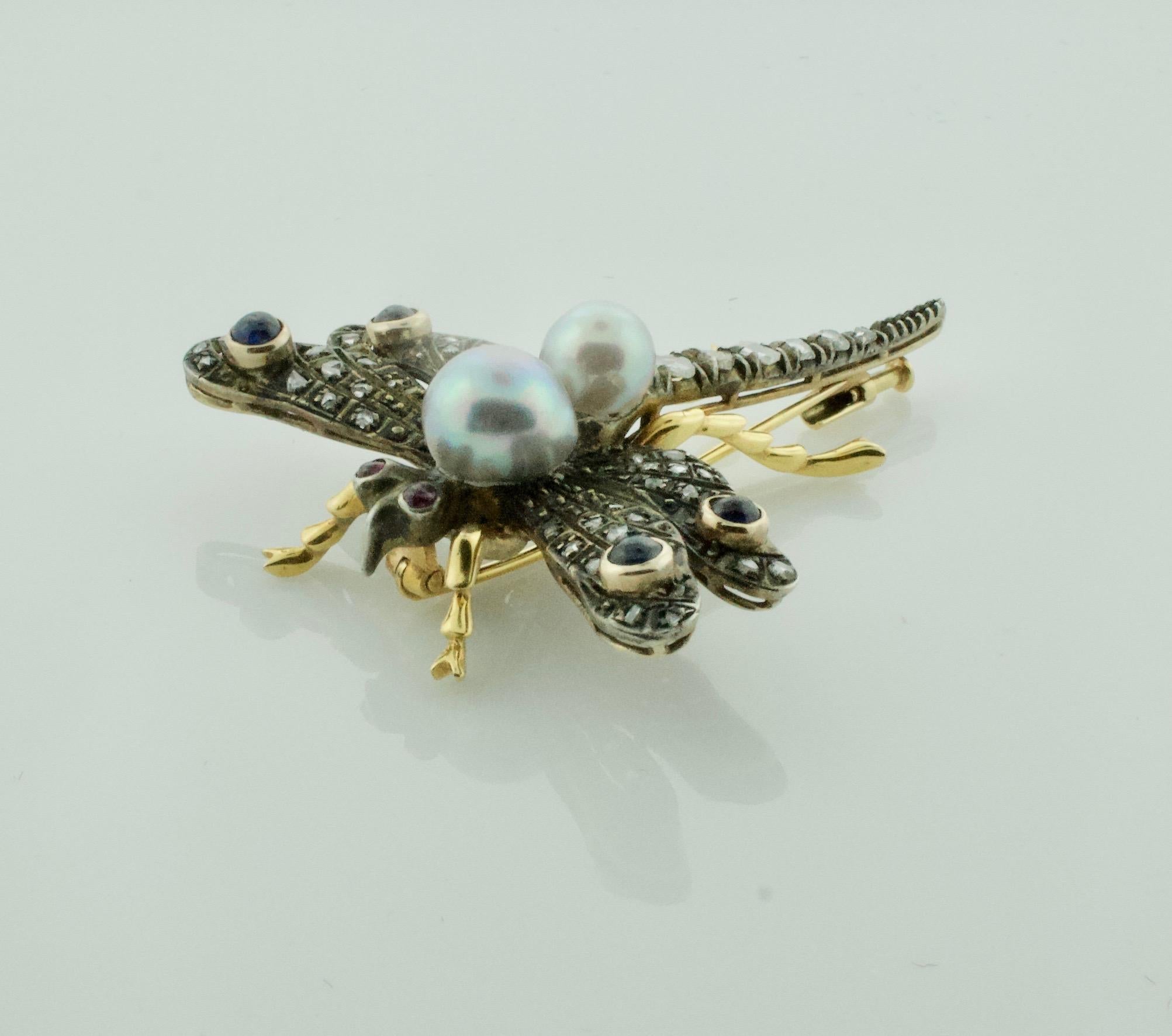 Women's or Men's Ruby Pearl and Diamond Dragon Fly Brooch in Yellow Gold and Silver