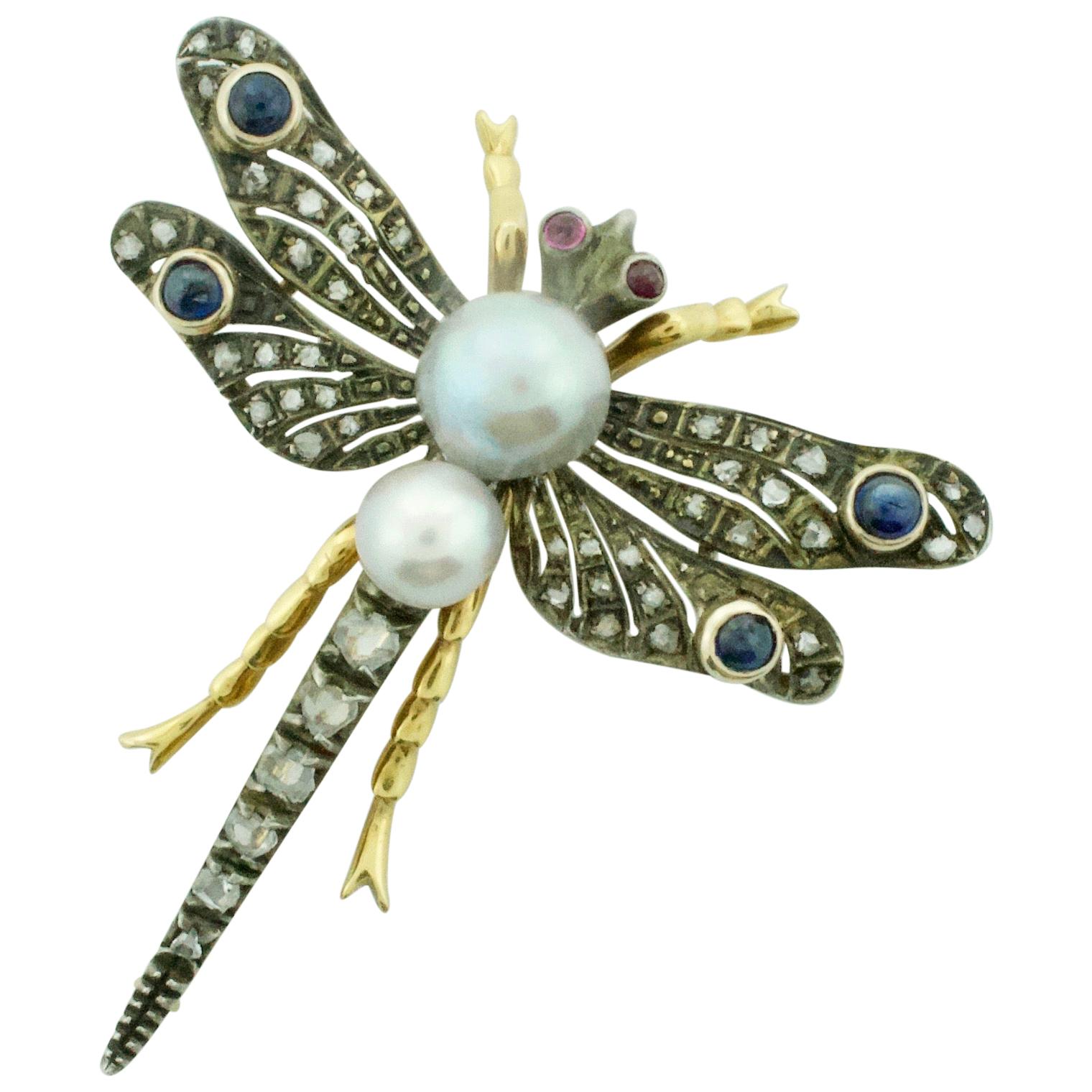 Ruby Pearl and Diamond Dragon Fly Brooch in Yellow Gold and Silver