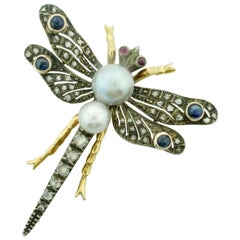 Vintage Ruby Pearl and Diamond Dragon Fly Brooch in Yellow Gold and Silver