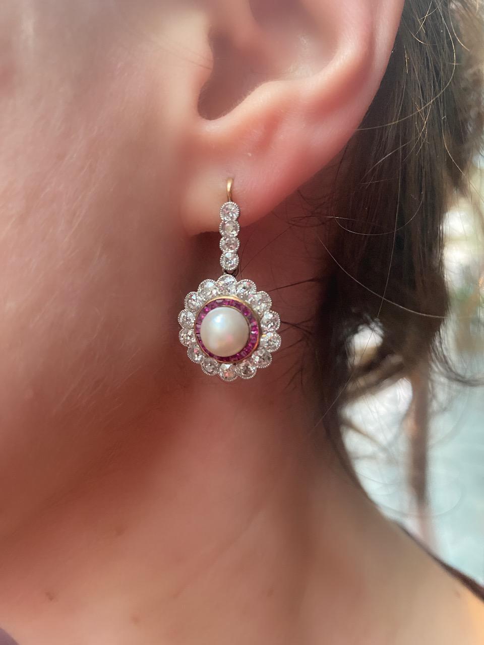 Edwardian Ruby, Pearl and Diamond Drop Earrings 18 Karat White Gold