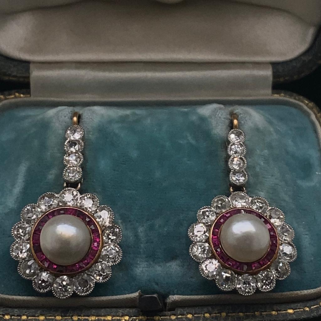 Round Cut Ruby, Pearl and Diamond Drop Earrings 18 Karat White Gold