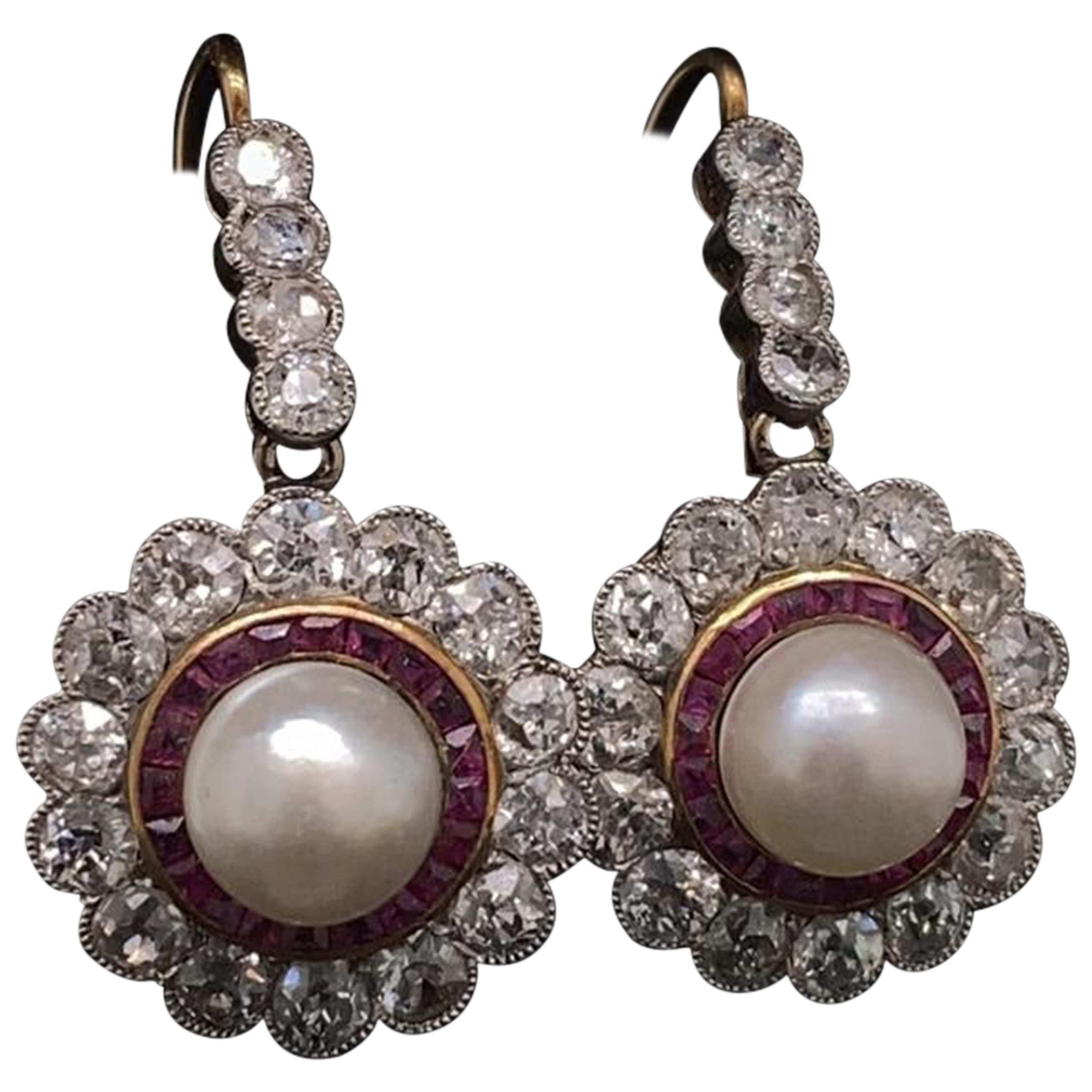 Ruby, Pearl and Diamond Drop Earrings 18 Karat White Gold