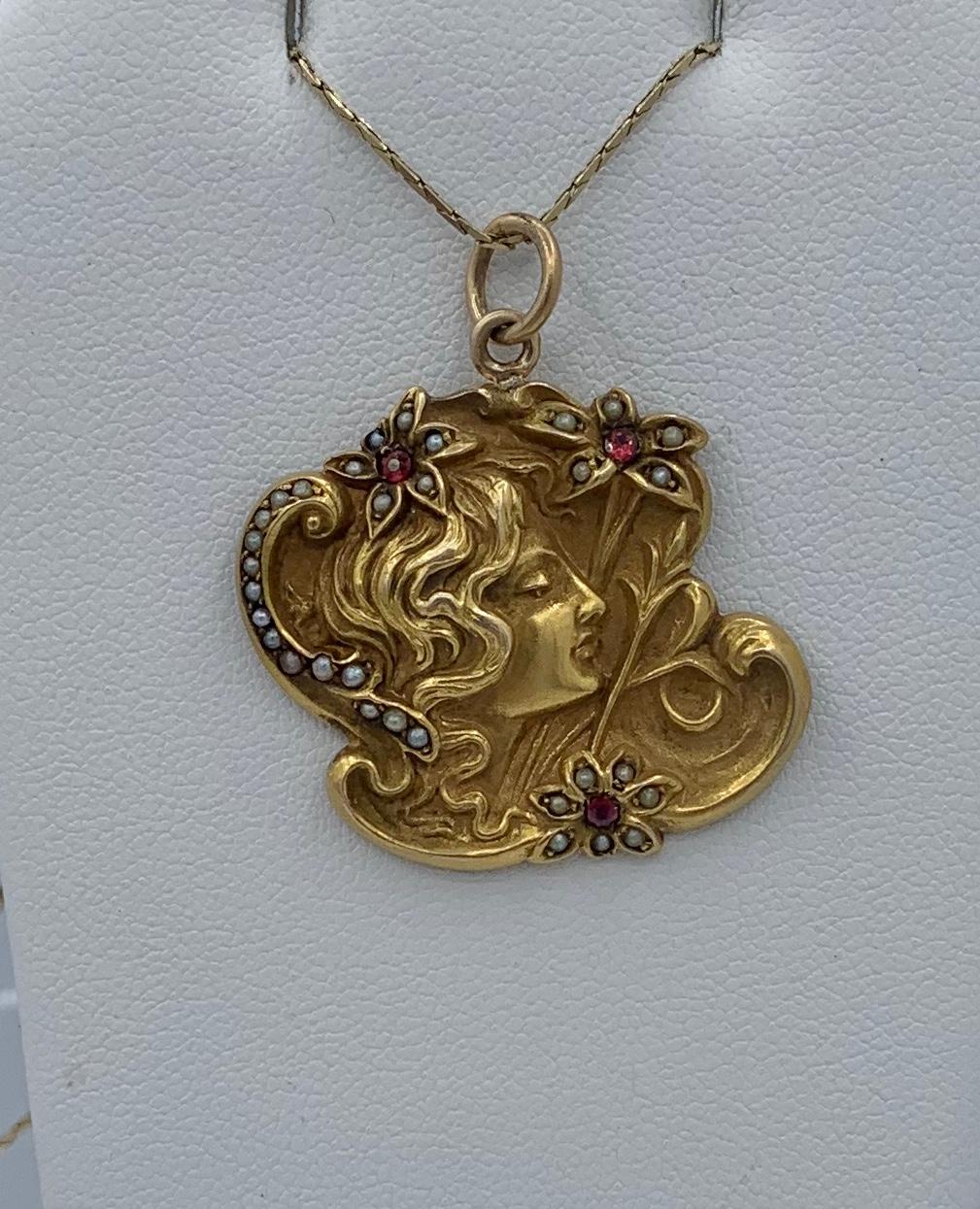 Round Cut Ruby Pearl Art Nouveau Maiden Flower Woman Goddess Pendant 14K Gold Necklace For Sale