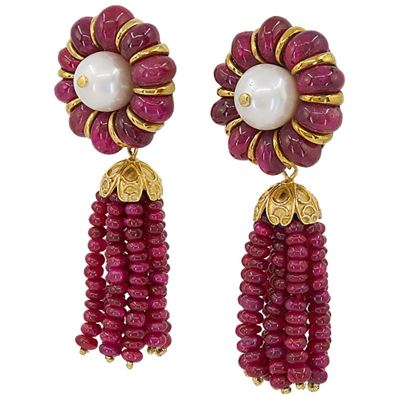 Ruby Pearl Detachable Tassel Earrings in 18k Yellow Gold.

A pair of ruby and pearl ear clips that can be worn two ways: as long tassels or as shorter florets, which is easily accomplished by detaching the fringe. The beads are highly polished of
