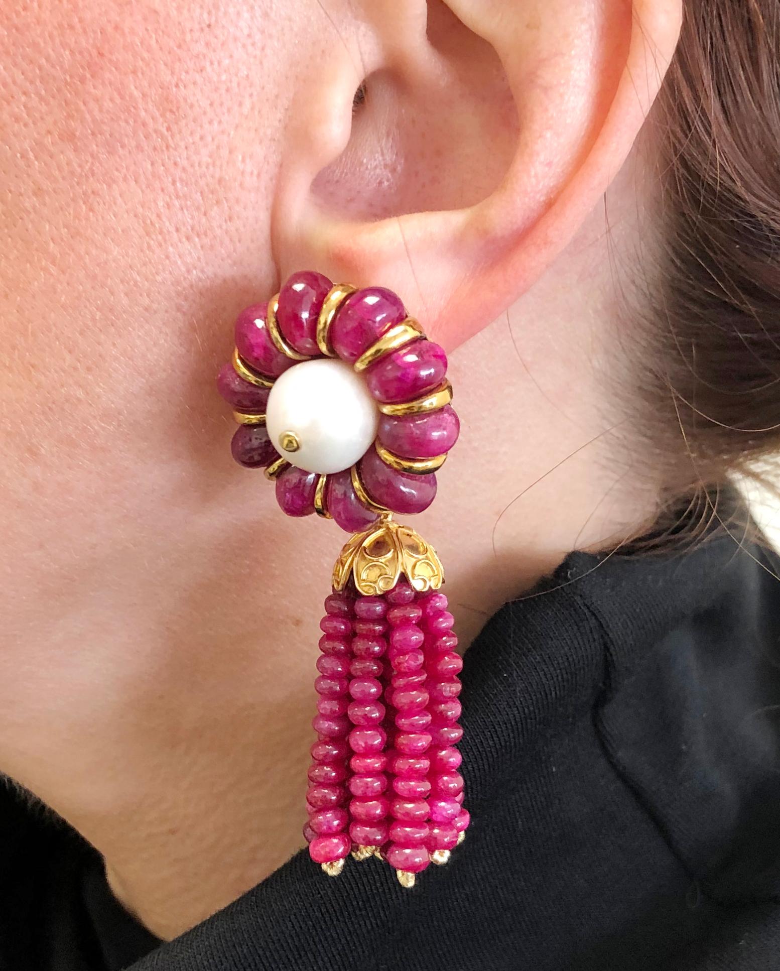 Round Cut Ruby Pearl Yellow Gold Detachable Tassel Earrings For Sale