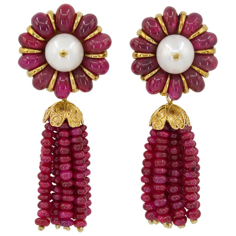 Ruby Pearl Yellow Gold Detachable Tassel Earrings For Sale