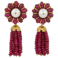 Retro Ruby Pearl Yellow Gold Detachable Tassel Earrings