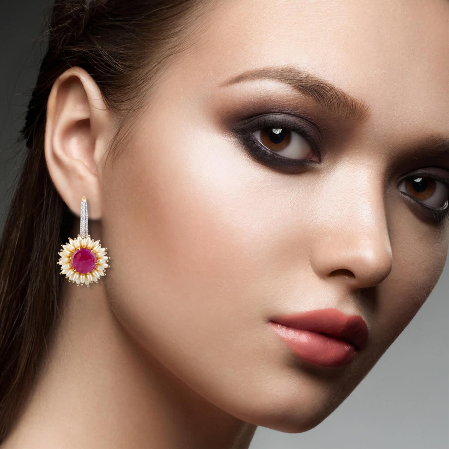 Round Cut Ruby Pearl Diamond 18 Karat Gold Earrings For Sale