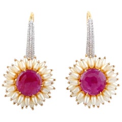 Pendientes Rubí Perla Diamante Oro 18 Kilates