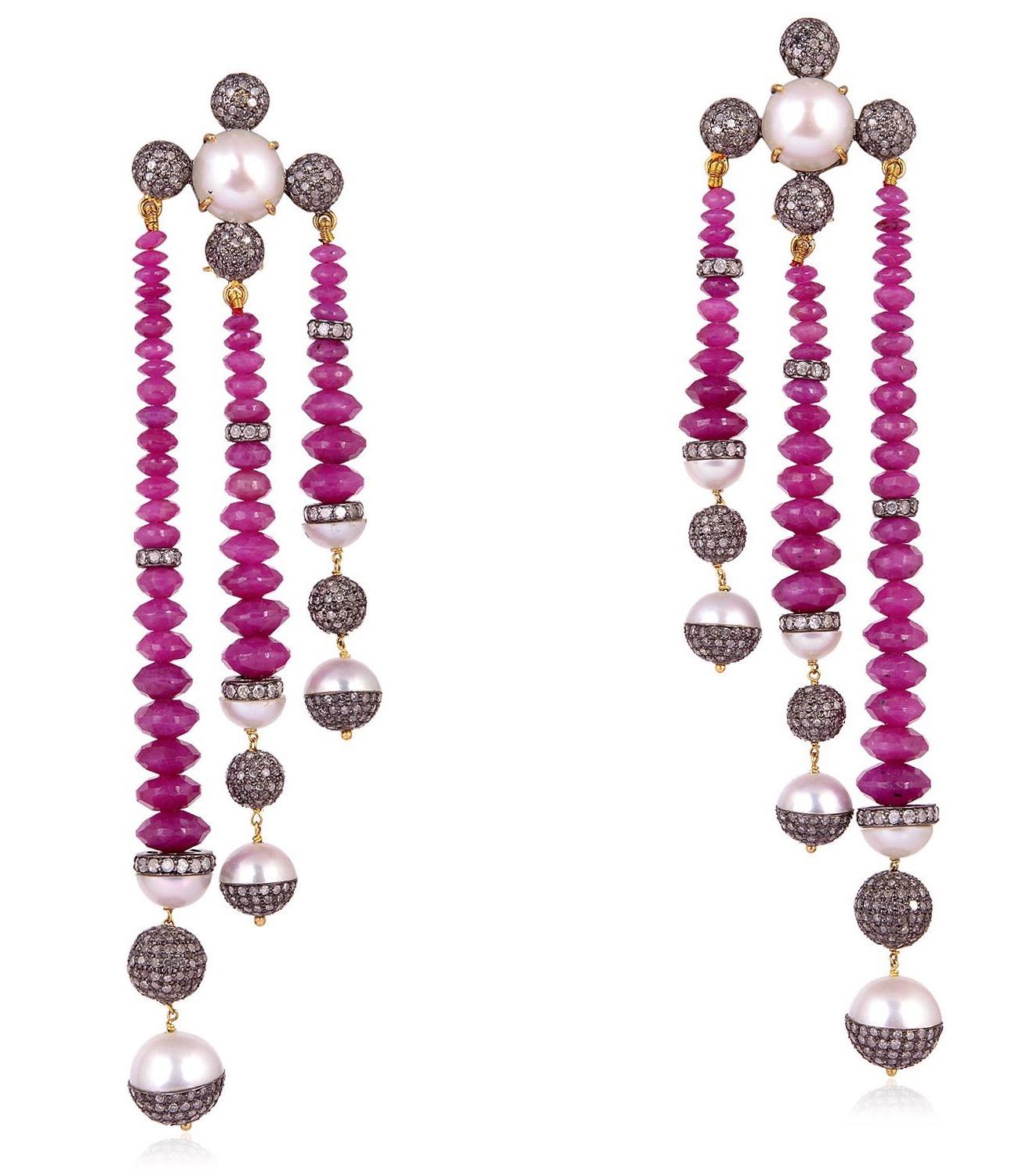 Bead 78.0 carats Ruby Pearl Diamond Chandelier Earrings For Sale