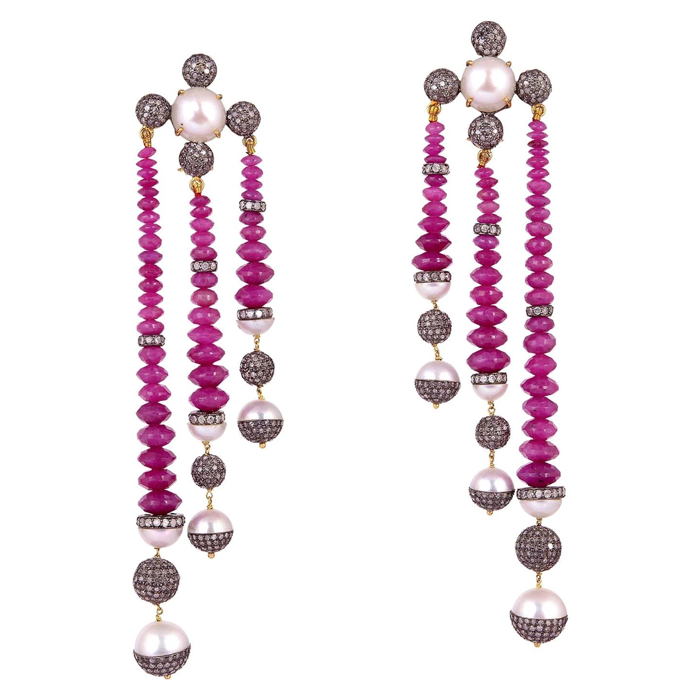 78.0 carats Ruby Pearl Diamond Chandelier Earrings For Sale