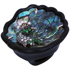 Ruby Pearl Diamond Gold Abalone Shell Peacock Dome Ring