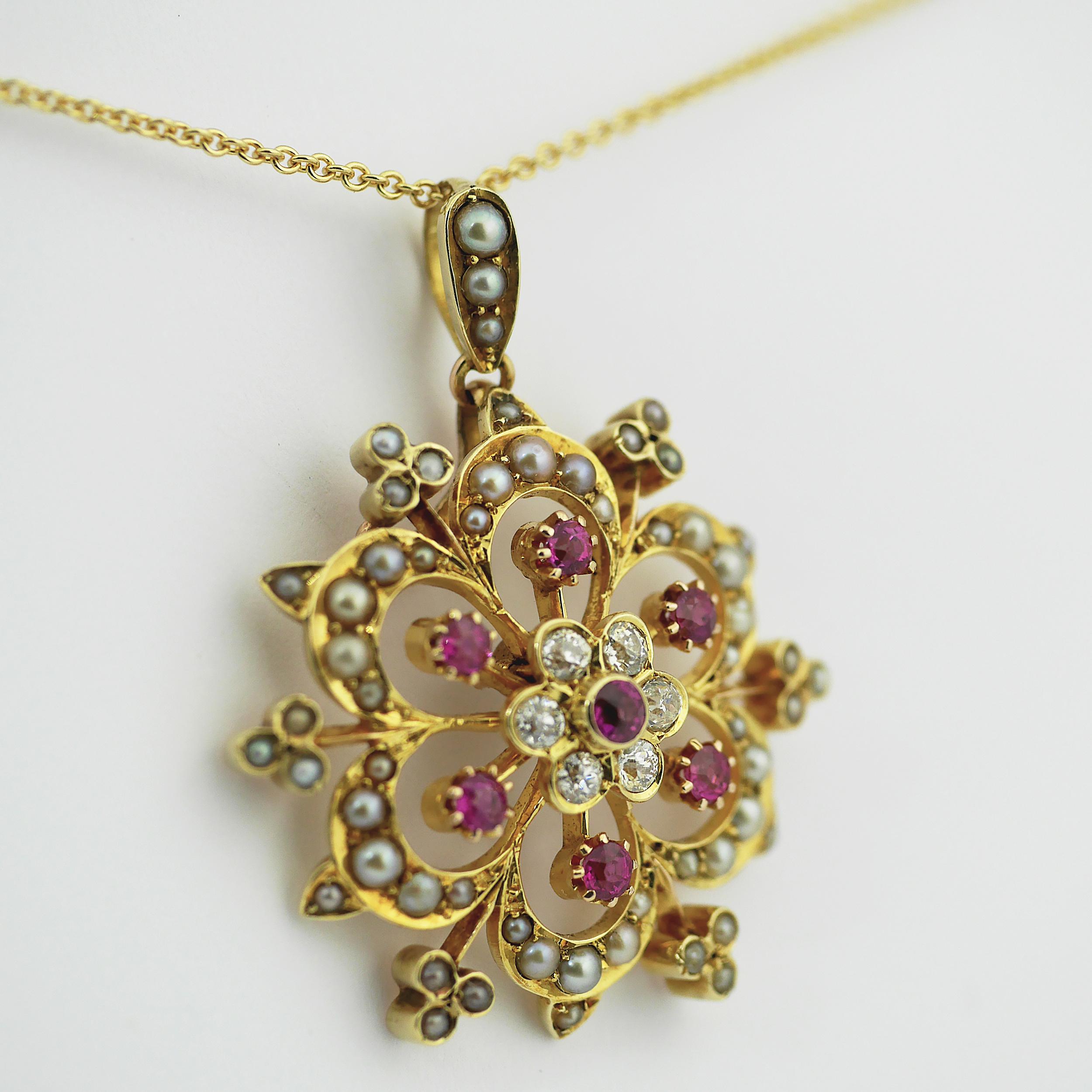 Old European Cut Ruby, Pearl, Diamond Victorian Pendant, circa 1850 For Sale