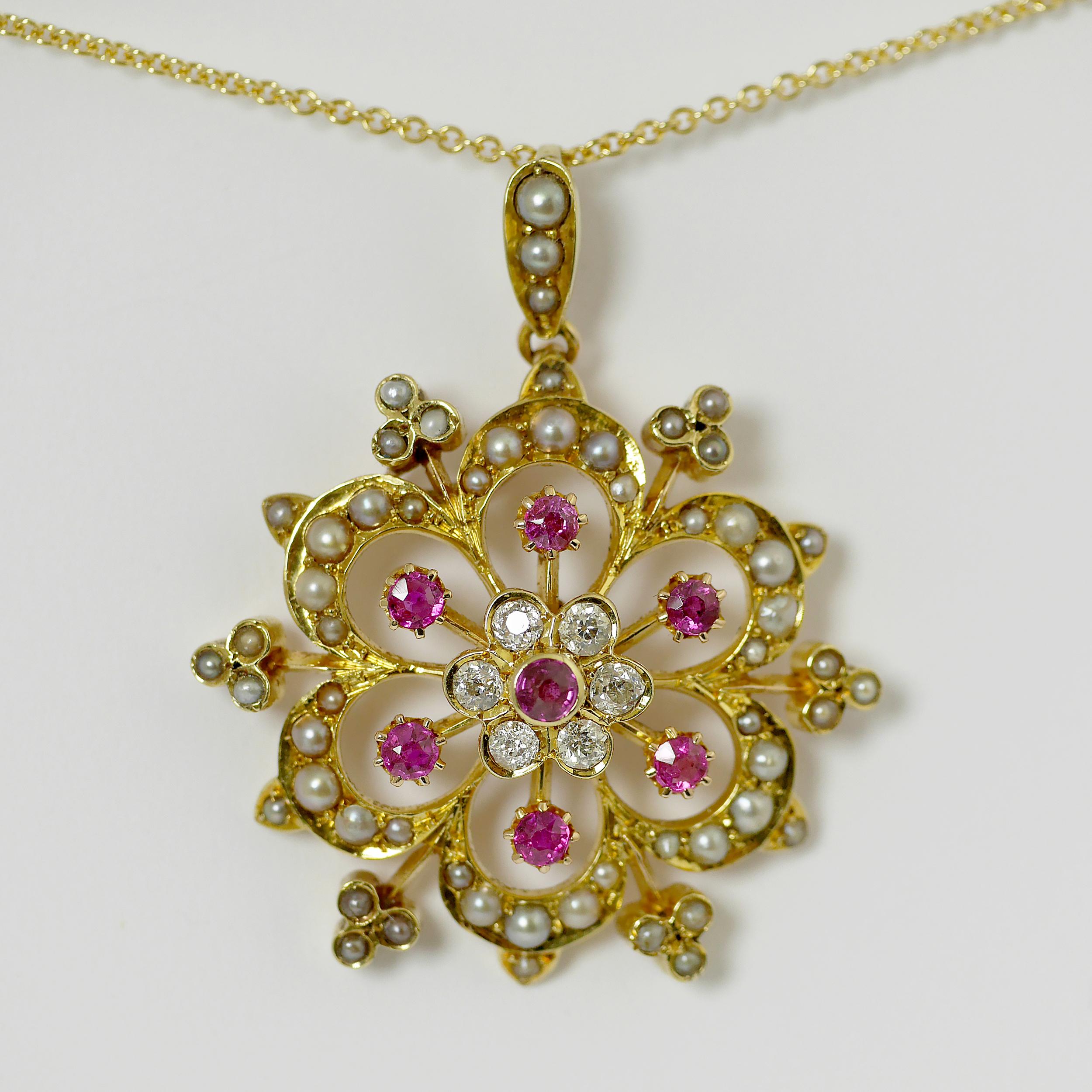 Women's Ruby, Pearl, Diamond Victorian Pendant, circa 1850 For Sale