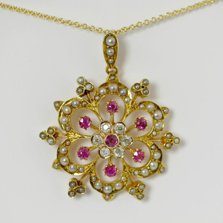 Ruby, Pearl, Diamond Victorian Pendant, circa 1850 For Sale 3