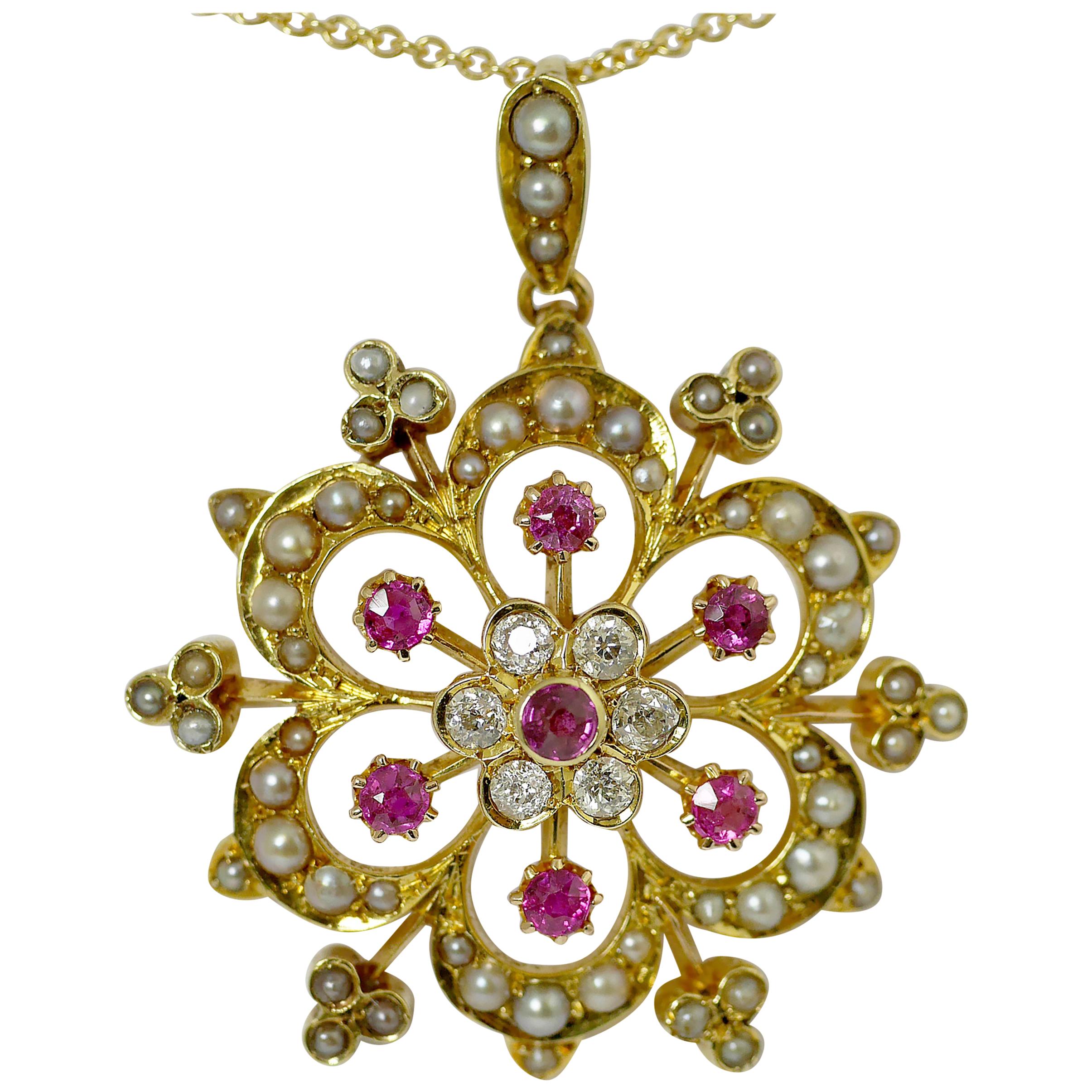 Ruby, Pearl, Diamond Victorian Pendant, circa 1850