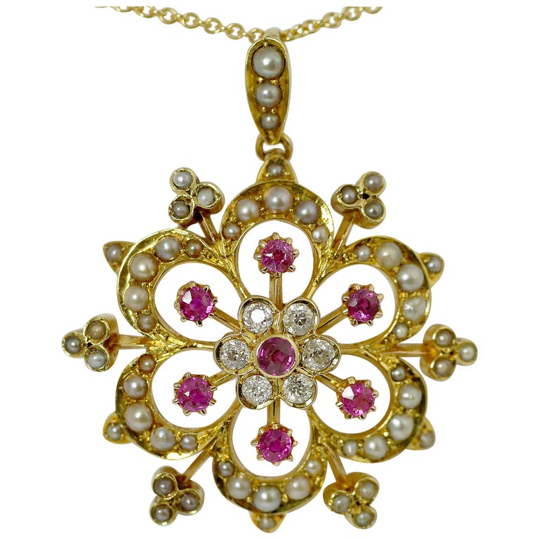 Ruby, Pearl, Diamond Victorian Pendant, circa 1850 For Sale