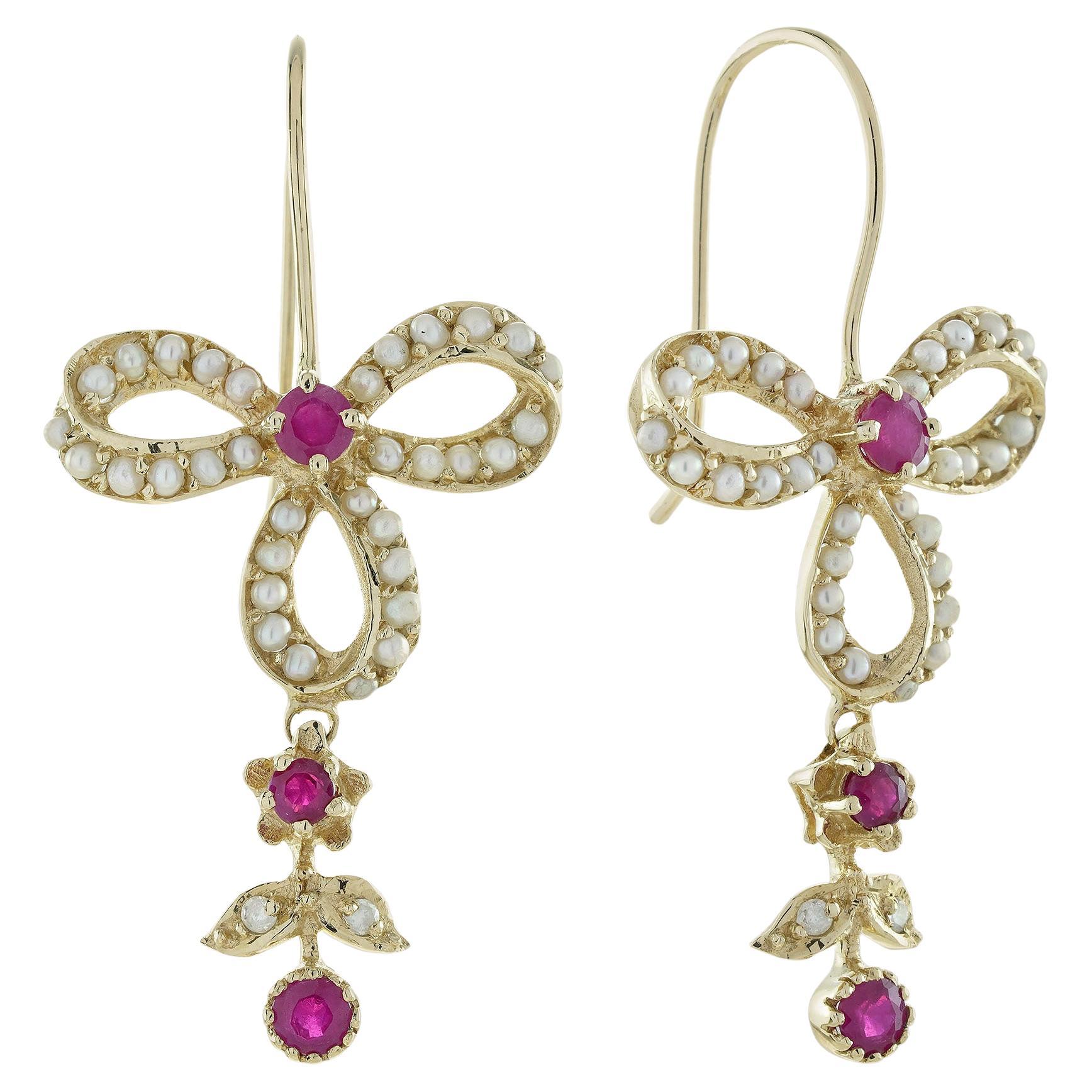 Ruby Pearl Diamond Vintage Style Dangle Bow Earrings in 9K Yellow Gold