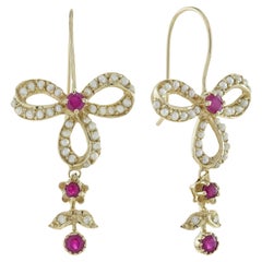 Orecchini a fiocco con diamante e perla di rubino in stile vintage in oro giallo 9K