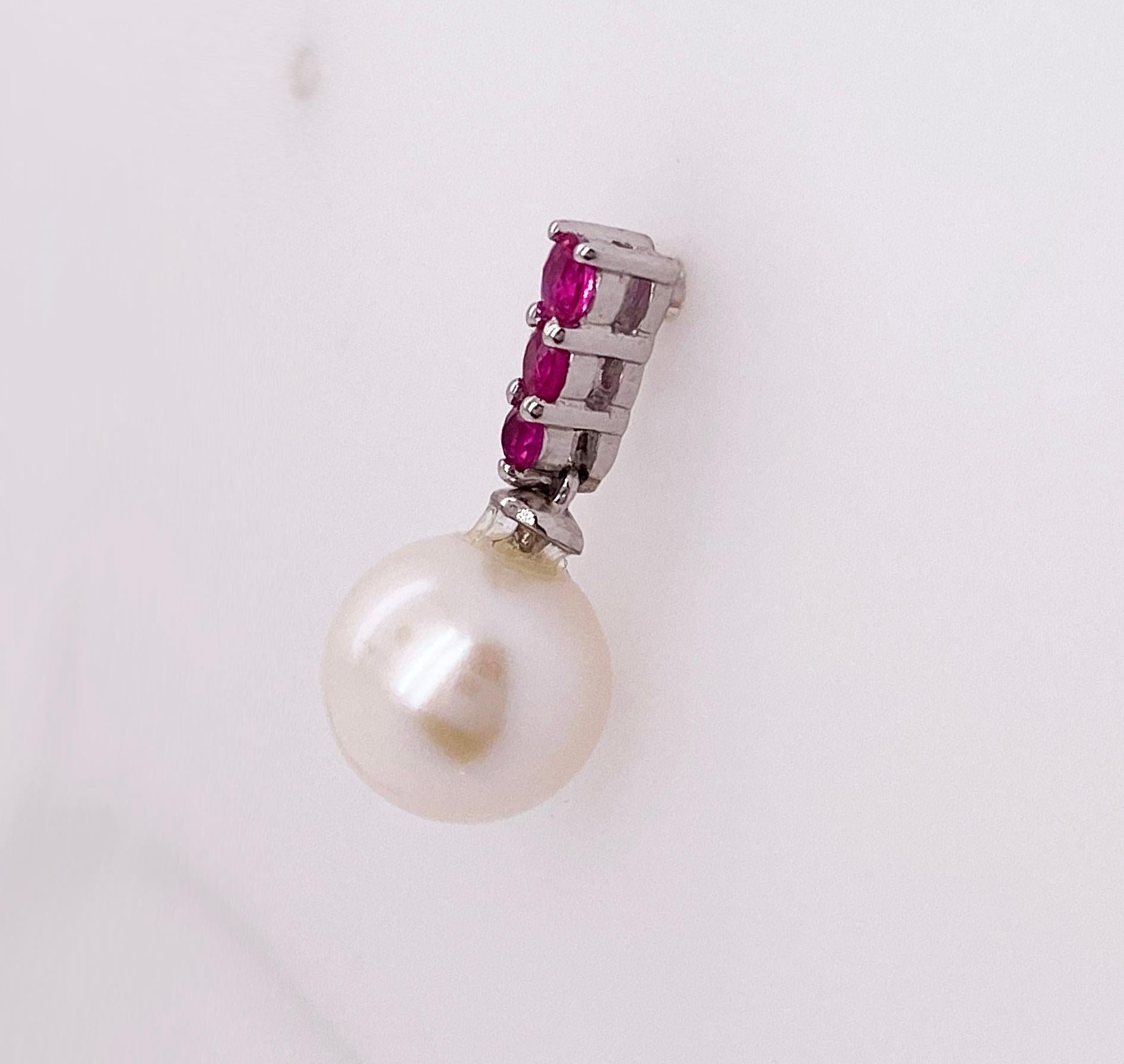 Modern Ruby Pearl Drop Earrings, Pearls and Rubies Great Pairing as Dangle Earrings 14k