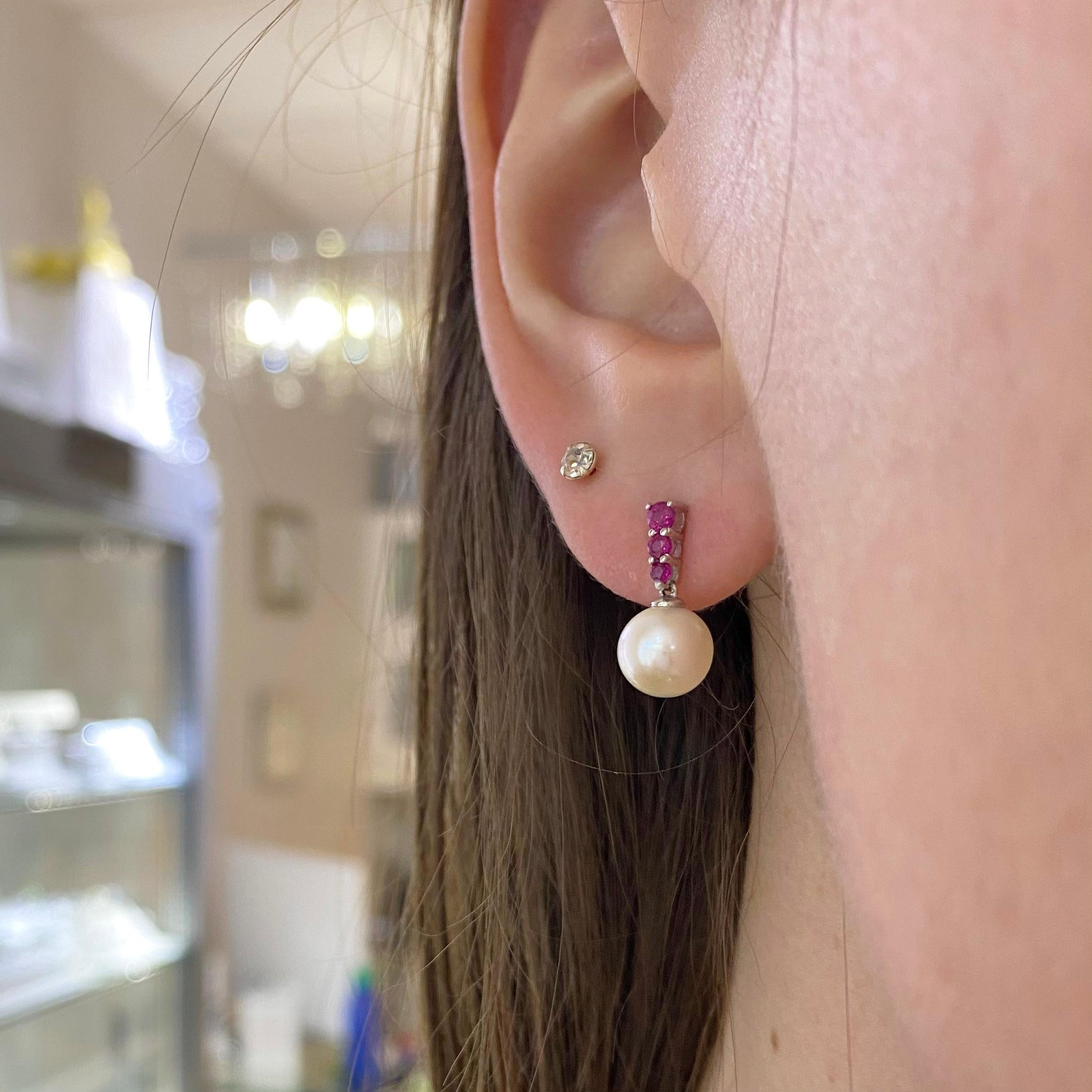 Round Cut Ruby Pearl Drop Earrings, Pearls and Rubies Great Pairing as Dangle Earrings 14k